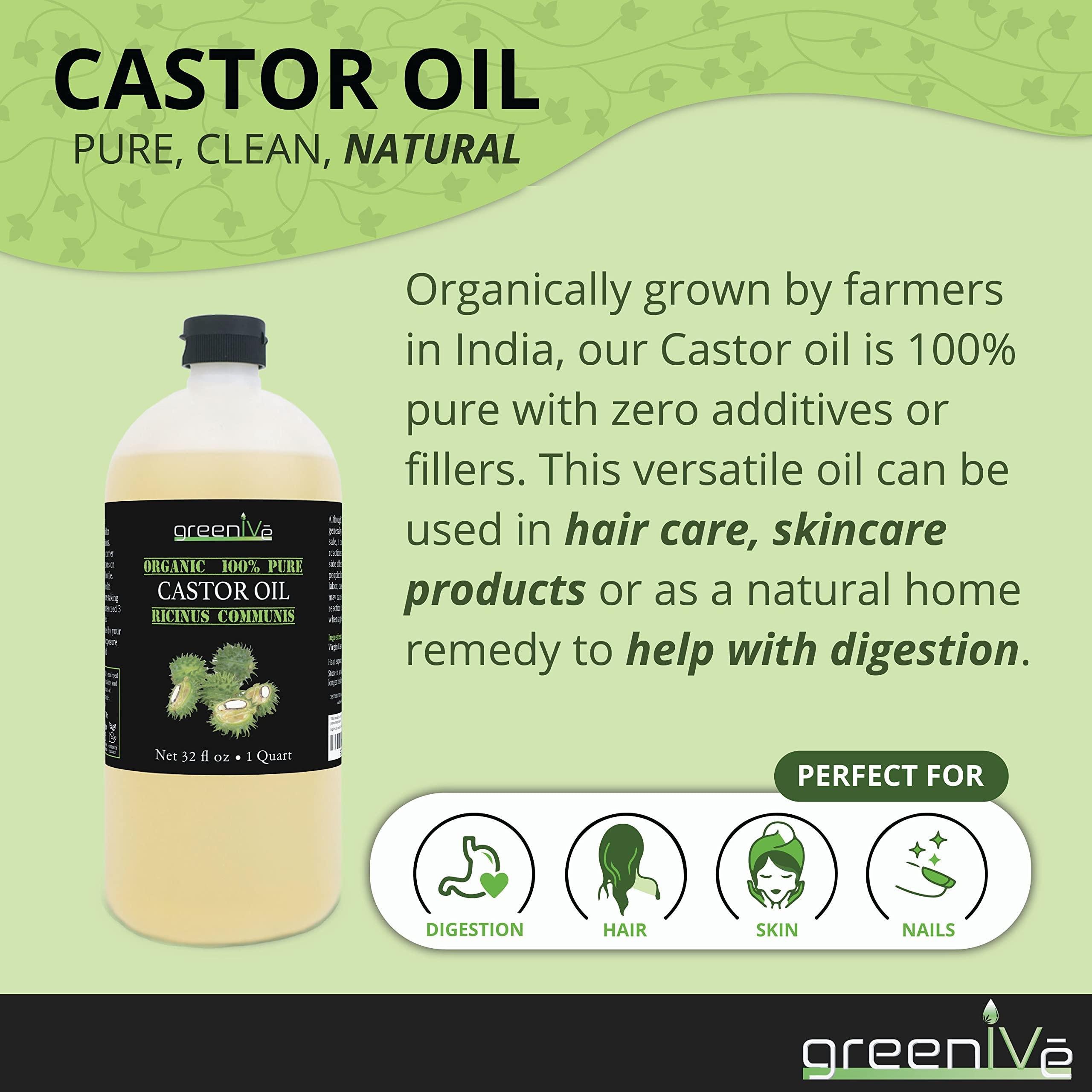 GreenIVe GreenIVe Castor Oil Organically Grown 100% Pure 128oz (1 Gallon) Bottle Cold Pressed, Hexane Free, Eyelash and Eybrow Growth Serum, Skin Moisturizer Detox and Wraps