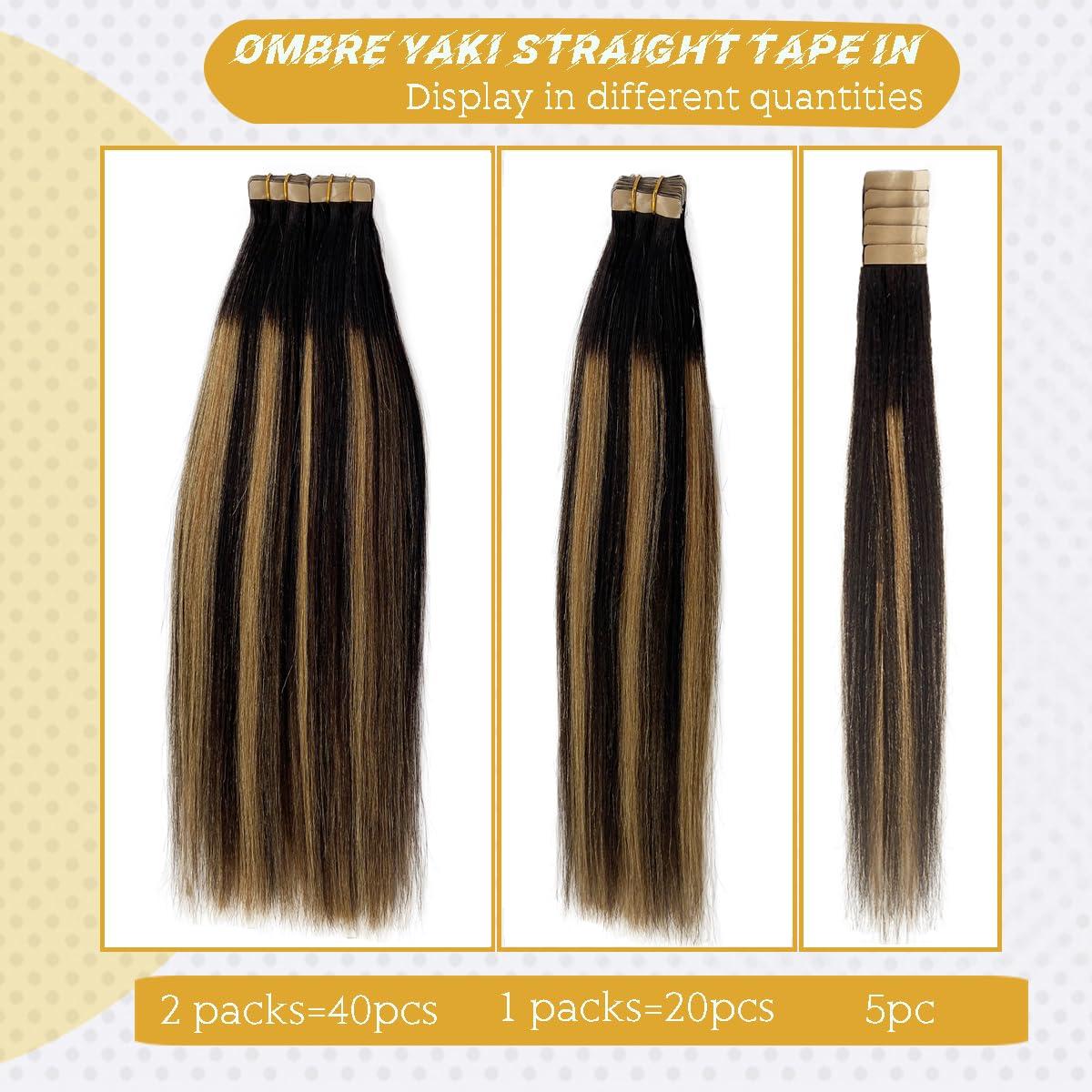 Smavida Ombre Blonde Tape in Hair Extensions Human Hair 22Inch Yaki Straight Highlighted Brown to Honey Blonde Tape in Extensions Real Human Hair 20Pcs 50 Gram Double Sided Yaki Tape in Invisible Hair