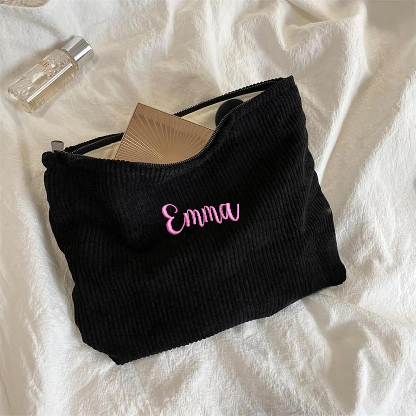 GOPHIE GOPHIE Personalised Corduroy Makeup Bag-Zippered Cosmetic Bag For Women Custom Embroidered Makeuo Pouch Organizer Gift for Her (6, Black)