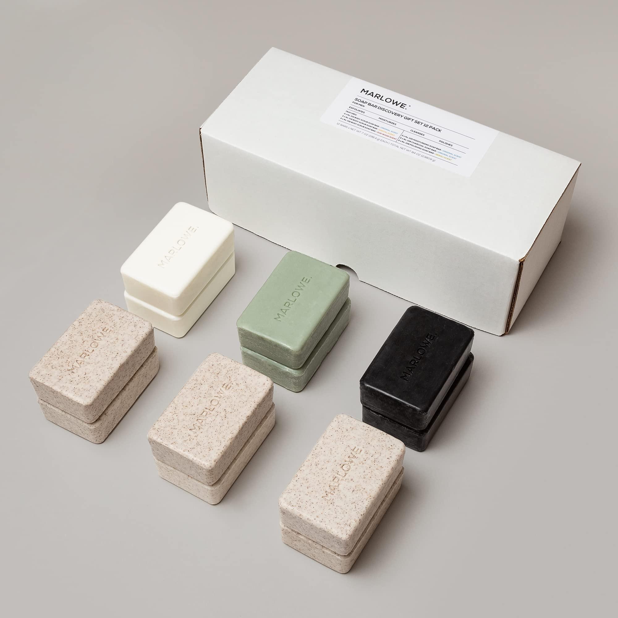 MARLOWE. M BLEND MARLOWE. Soap Bar Discovery Gift Set, Mens Skin Care Variety Selection of Exfoliating Body Scrub, Charcoal, Moisturizing & Polishing Body Bar Soaps for Men, 12 Pack