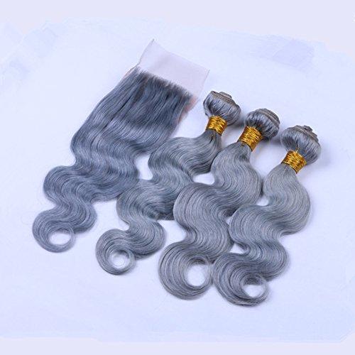 Ruma Hair Ruma Hair Pure Grey Hair Weave 3 Bundles With 4x4'' Lace Closure Silver Grey Body Wave Wavy Virgin Human Hair Extensions With Free Part Top Closures Piece (12 with 14 16 18)