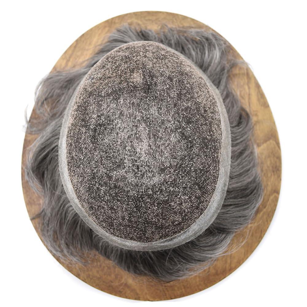Hair Wonders Hair Wonders Toupee For Men Hair Replacement System Real Human Hair Piece For Men Swiss Lace Mens Toupee Hair Pieces Hair System For Men 7x9 90% light density#1B60 1B# OFF BLACK+60% GREY