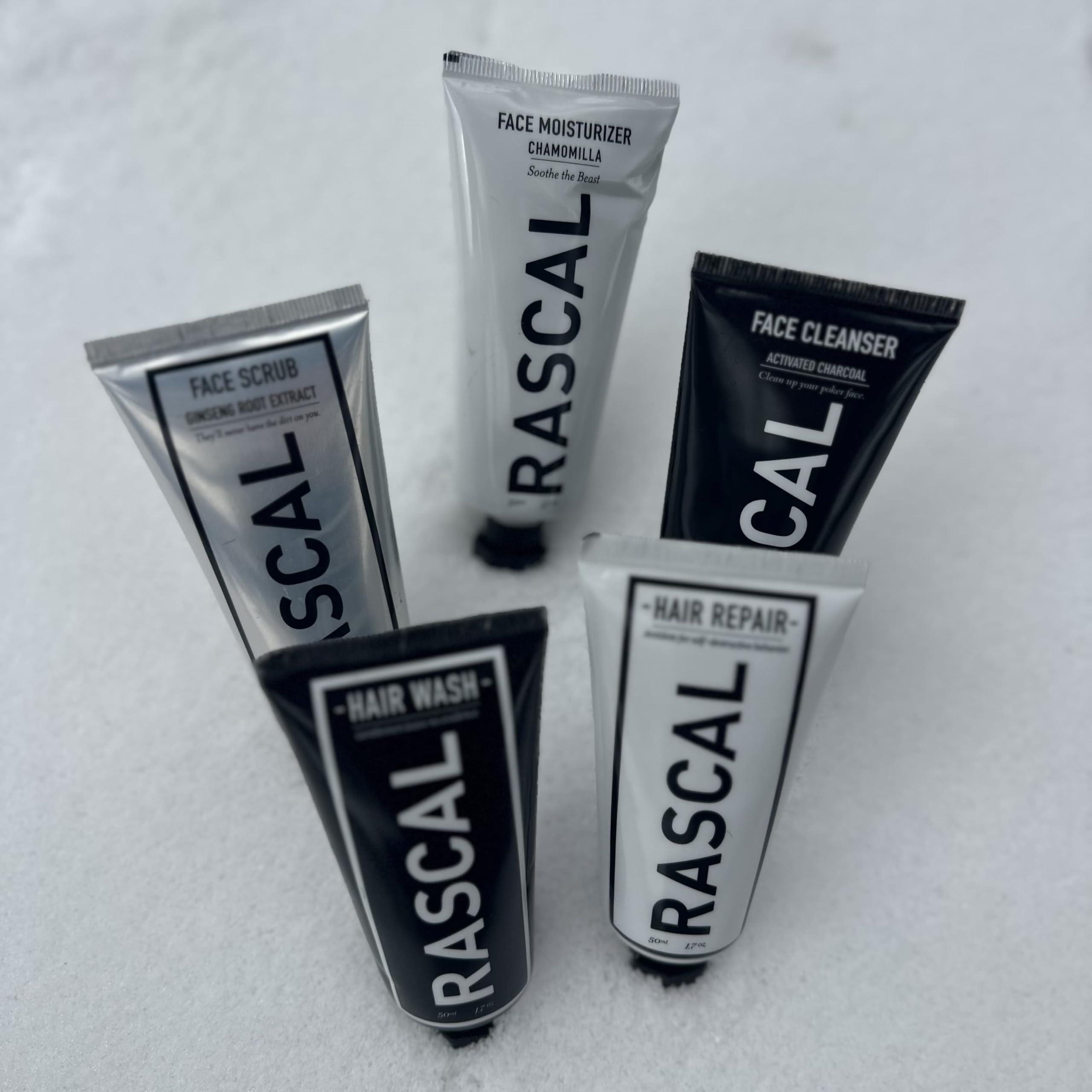 Rascal Men\'s Grooming Rascal World Traveler Toiletry Set - Premium Men\'s Grooming & Travel Size Toiletries, Travel Toiletry Kit, TSA-Approved, Includes Face Cleanser, Scrub, Moisturizer, Shampoo, Conditioner - 1.7 Oz Each