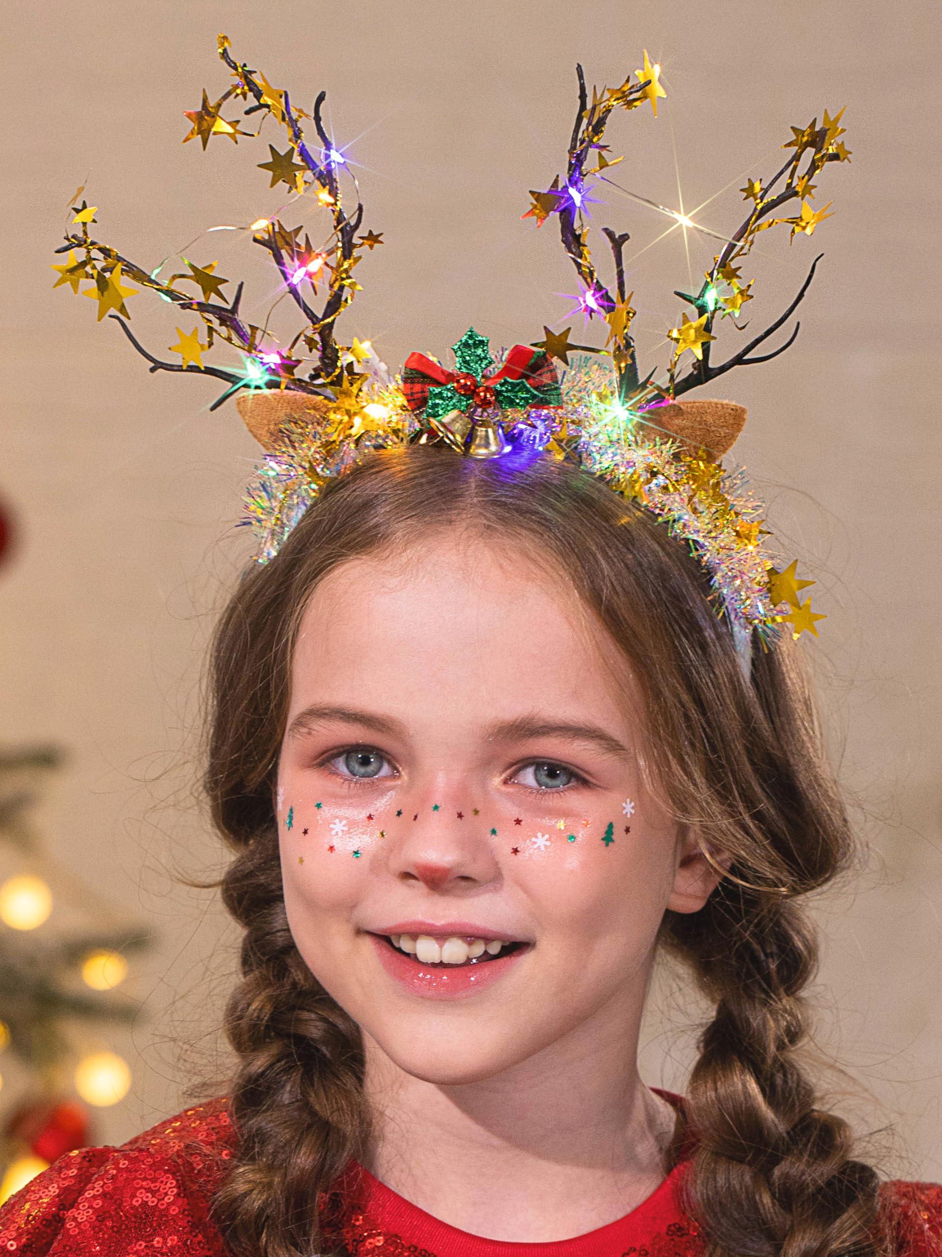 Edary Edary Light Up Reindeer Antlers Headband Led Christmas Tree Branch Hair Band Glitter Star Headpiece Holiday Hair Accessories for Women