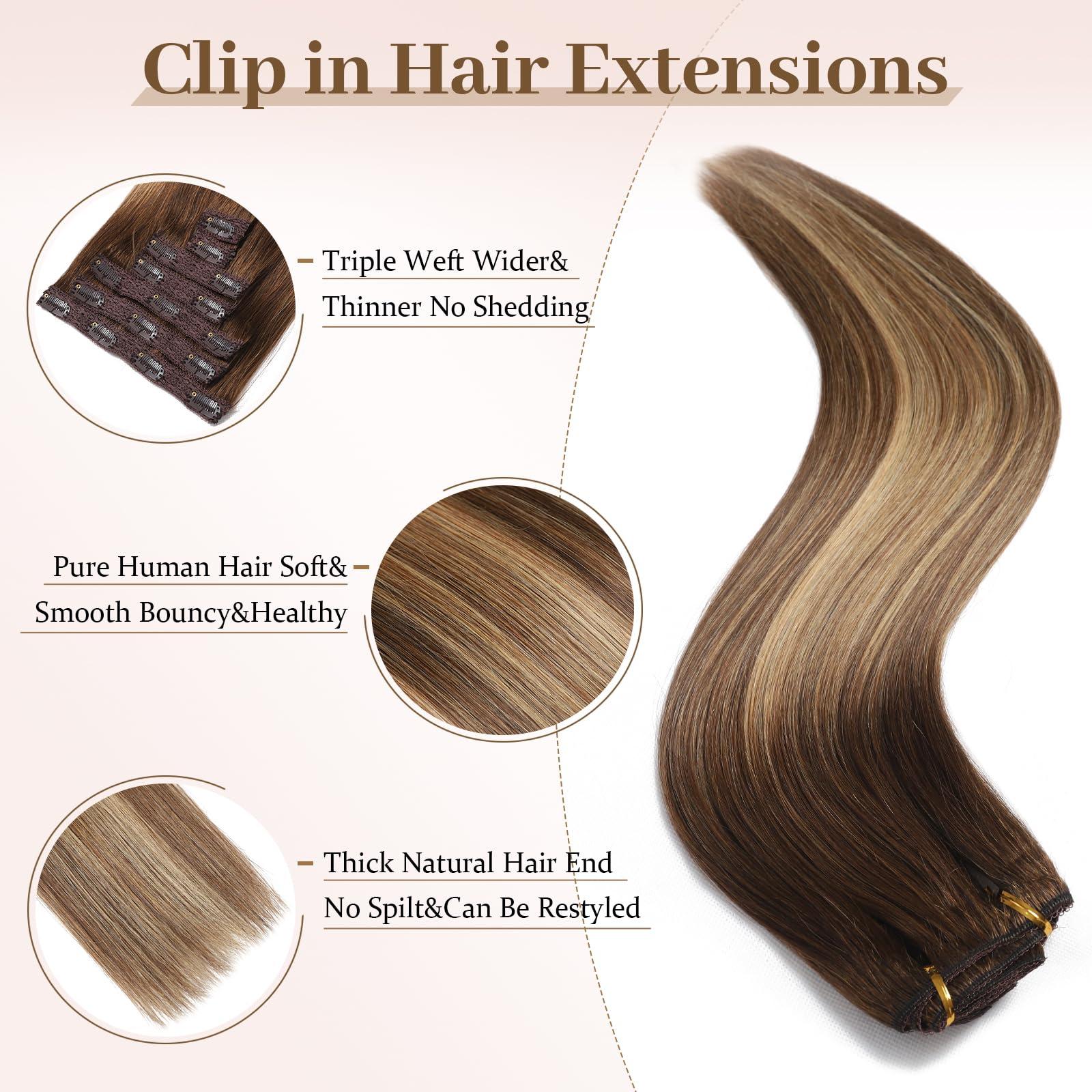 Sisily Sisily Clip in Hair Extensions Real Human Hair, Premium Human Hair Clip in Extensions Chocolate Brown to Blonde Balayage, Soft Straight Hair Extensions Real Human Hair Clip ins 7PCS 20 Inch
