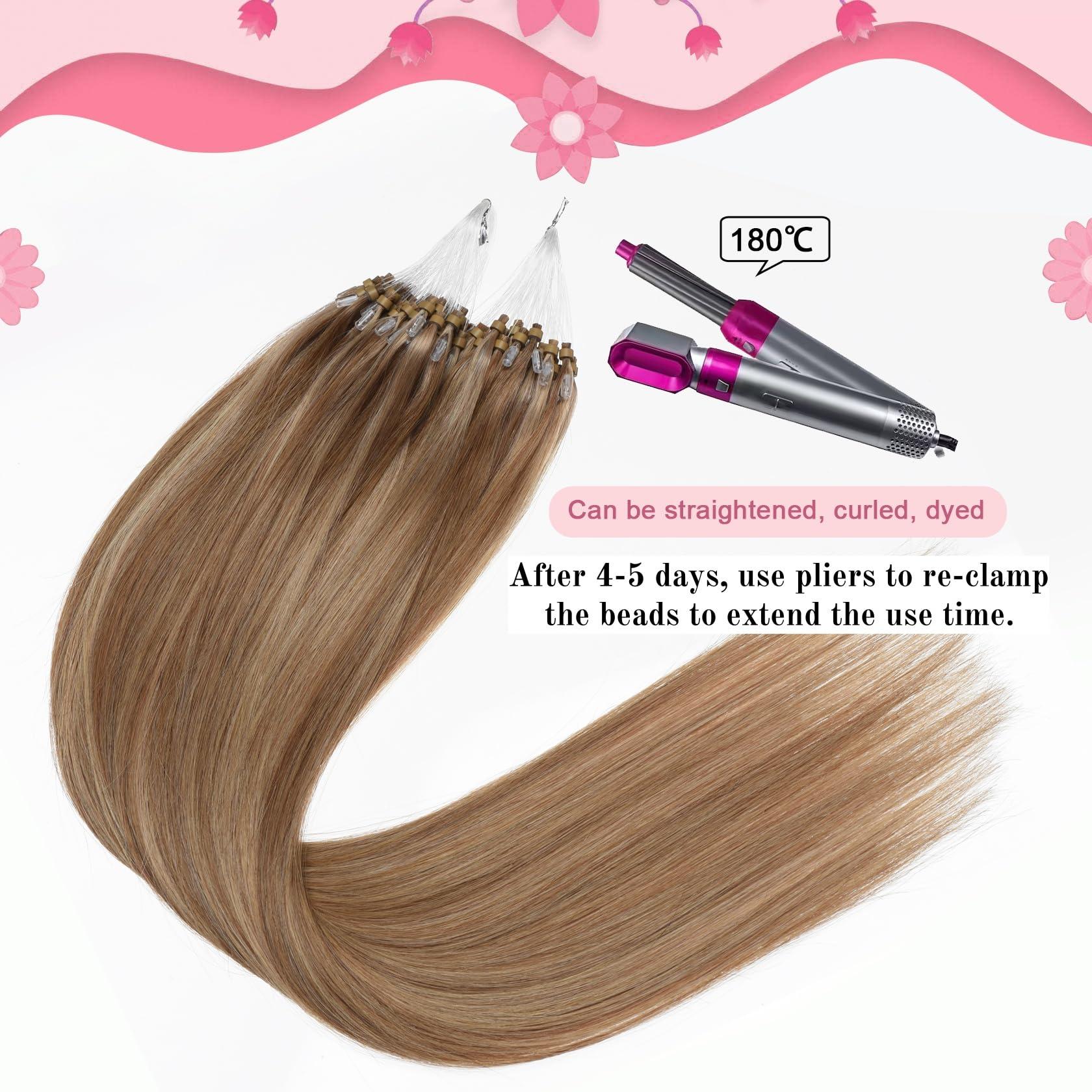 Kpvxxve Kpvxxve Micro Link Hair Extensions Human Hair #8/18 Ash Brown with Blonde Ombre Short Hair 14 Inch Micro Loop Human Hair Extensions 50g 1g/s Microbeads Hair