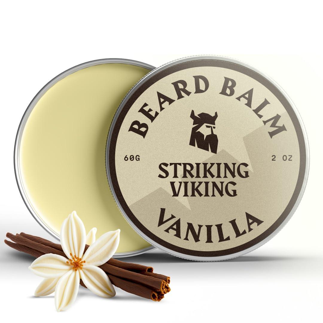 Striking Viking Striking Viking Beard Balm for Men  Leave-in Beard Conditioner to Smooth, Shape, Moisturize & Soften Coarse, Dry Facial Hair  Vanilla Scented with Shea Butter, Tea Tree, Argan & Jojoba Oils, 2 Oz