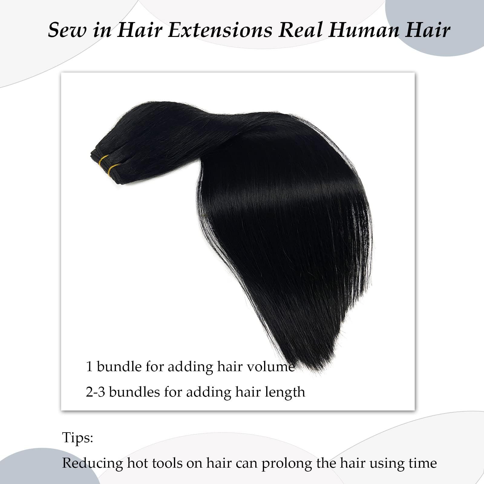 Ubetta Sew in Hair Extensions Real Human Hair, 20 Inch 100G Hand Tied Weft Hair Extensions Human Hair Jet Black Hair Extensions Real Human Hair Weave Bundles Sew in Weft Extensions for Women