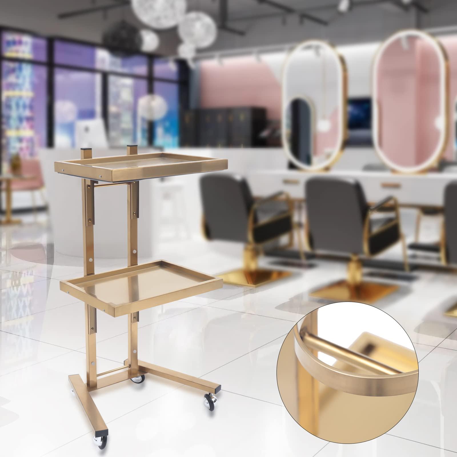 Pinelicorn 2 Tier Metal Rolling Cart, Stainless Steel Salon Tray with Wheels, Foldable Utility Carts, Folding Salon Tray Trolley, Rolling Tray Salon Trolley for Tattoo (Golden)