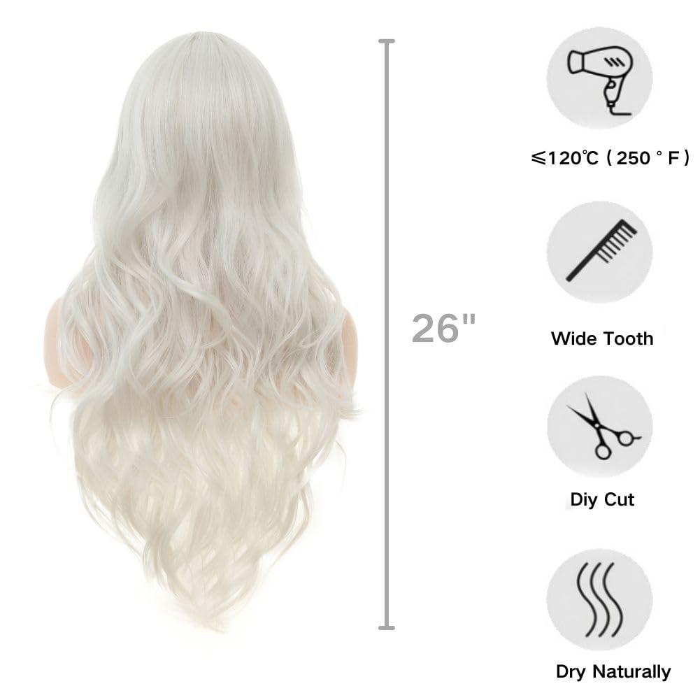 Siudus Siudus White Long Wig Curly Wavy Wigs for Women 26 Inch Synthetic Middle Part Fiber Natural Looking Hair Wig for Halloween Cosplay Party