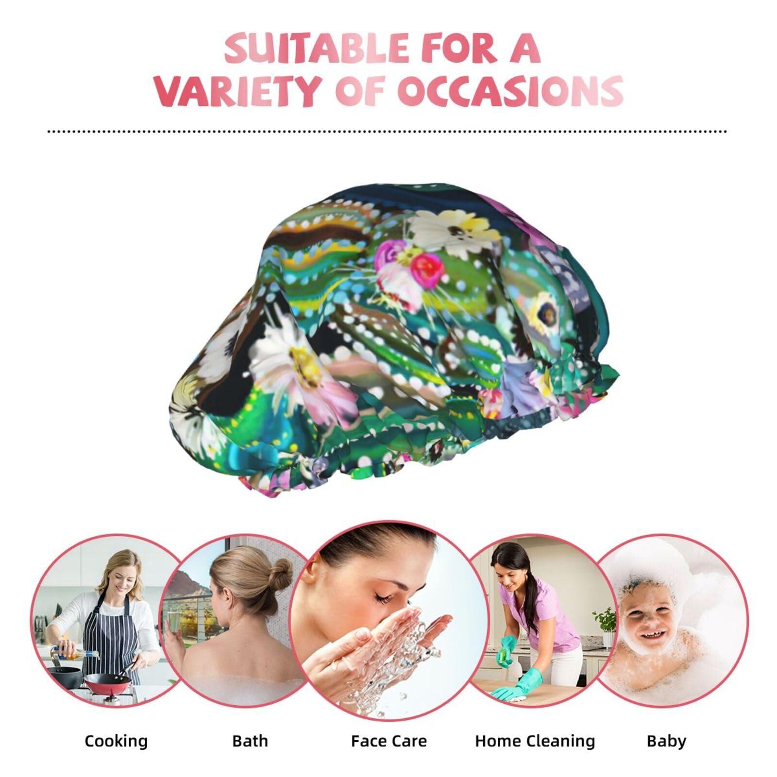 WURTON WURTON Blooming Cactus Print Soft Shower Cap for Women, Reusable Environmental Protection Hair Bath Caps