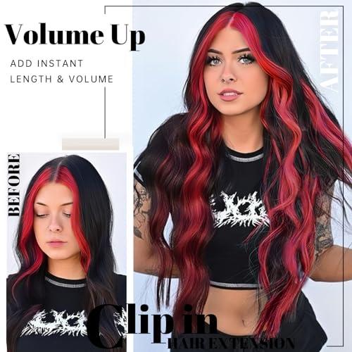 KooKaStyle KooKaStyle Hair Extensions Black Hair with Red Highlights Clip in Synthetic Highlight Hair Extensions Long Wavy 4PCS Thick Hairpieces 20 Inch for Women
