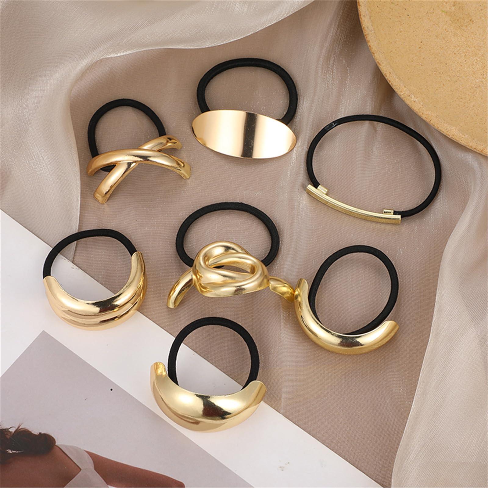 HIFUAR 4PCS Metal Hair Ties Gold Ponytail Hair Cuff,Metal Geometric Elastic Holder Hair Ties Women\'s Hair Band for Hair Accessories