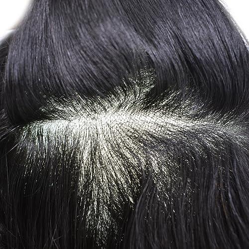 F M FACE MIRACLE NEW YORK F M FACE MIRACLE NEW YORK Mens Toupee Hair System For Men 0.06mm Super Thin Skin V-looped Mens Hair Replacement System Natural Hairline Toupee For Men Poly Skin8 X10#1B Off Black-100% density