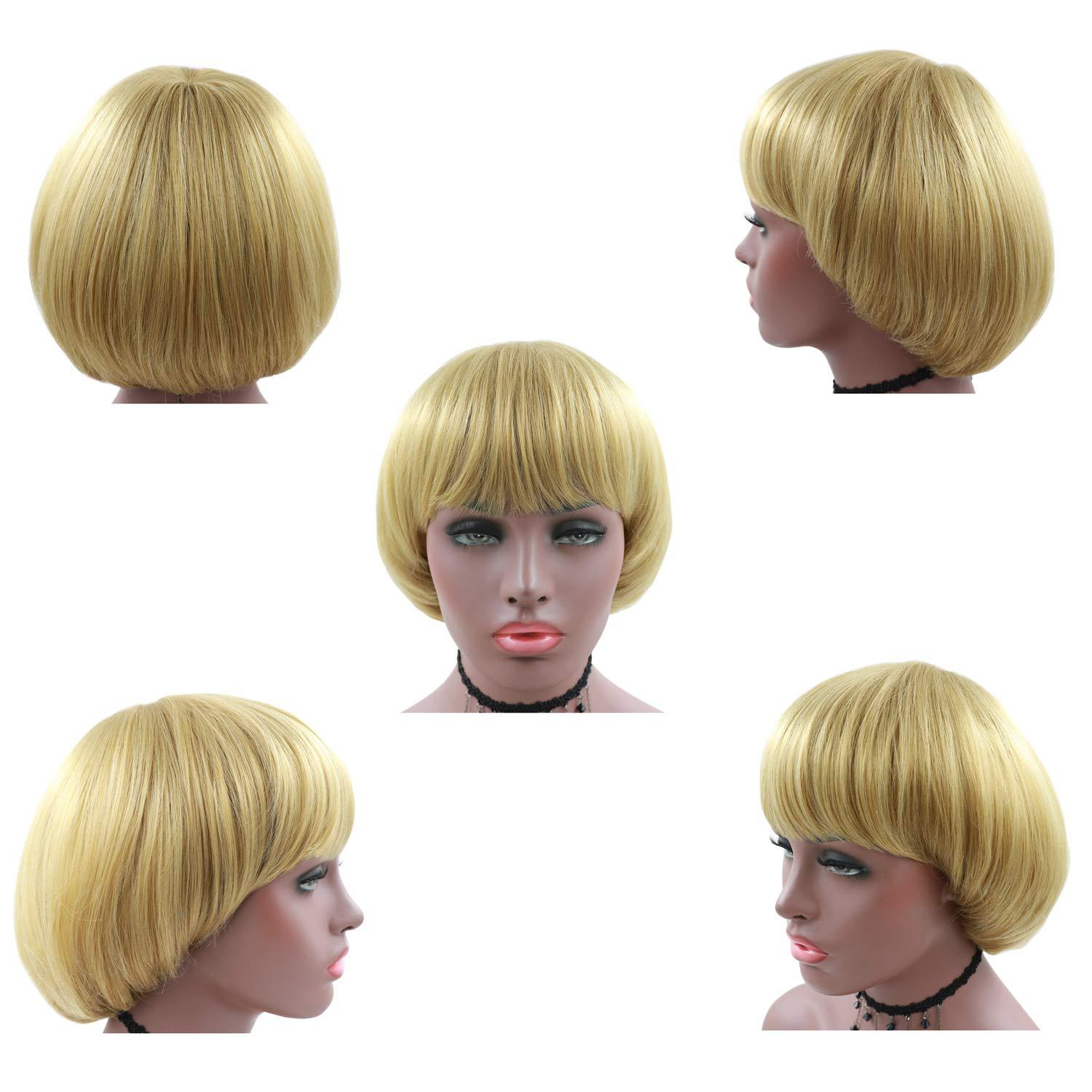 NEWPECK NEWPECK Girls Golden Mushroom Wig Short Bob Wig With Bangs Blonde Bowl Cut Wig Cap For Women
