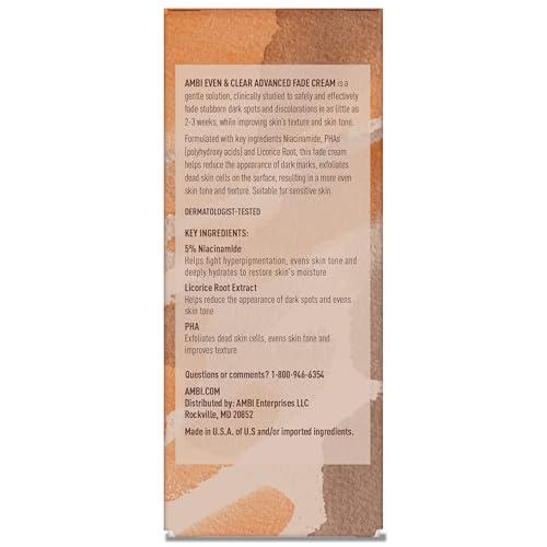 Ambi Ambi Even & Clear Advanced Fade Cream, Hydroquinone-free, Hyperpigmentation Treatment, Stubborn Dark Spot Corrector, Results In As Little As 2-3 Weeks, Niacinamide, Licorice Root Extract, PHA, 1 Fl Oz