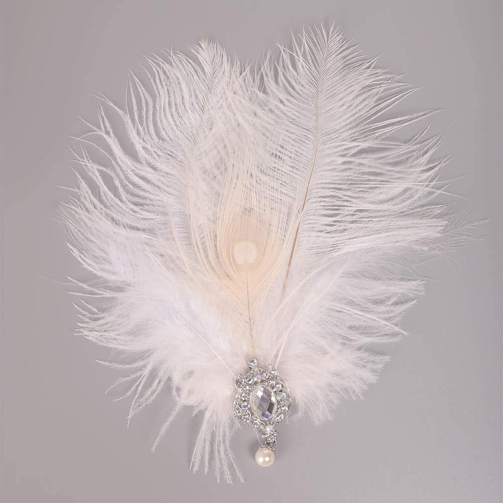 Aimimier Aimimier 1920s Flapper White Feather Headpiece Crystal Pendant Hair Clip Roaring 20s Feather Accessories Masquerade Hair Jewelry for Women