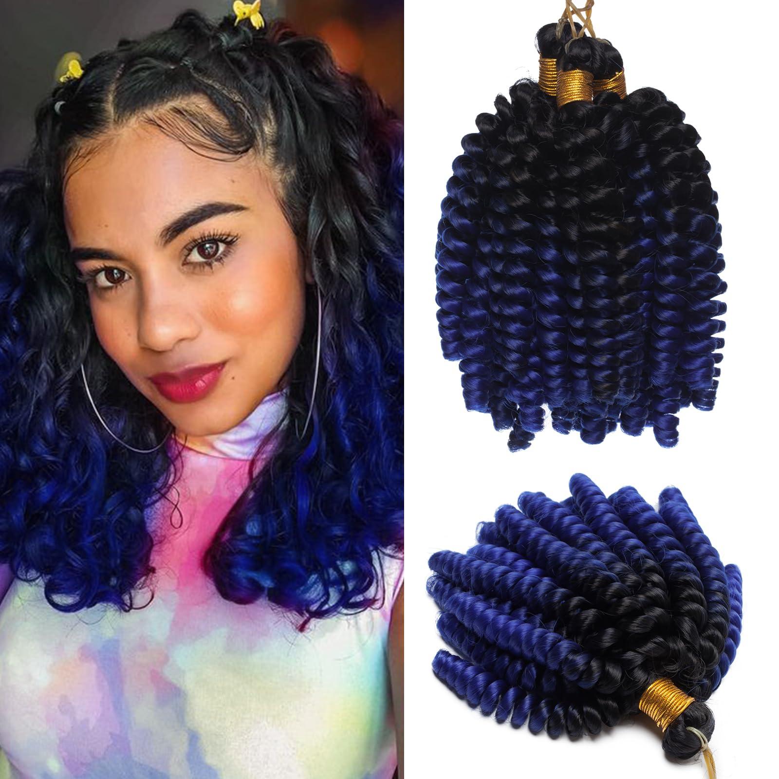 S-noilite Jamaican Bounce Hair 6 Inch Jumpy Wand Curly Crochet Hair Short Curly Crochet Braids Hair Extension Braids Twist Hair Jamaican Bounce Synthetic For Black Women (6"curly,black to dark blue)