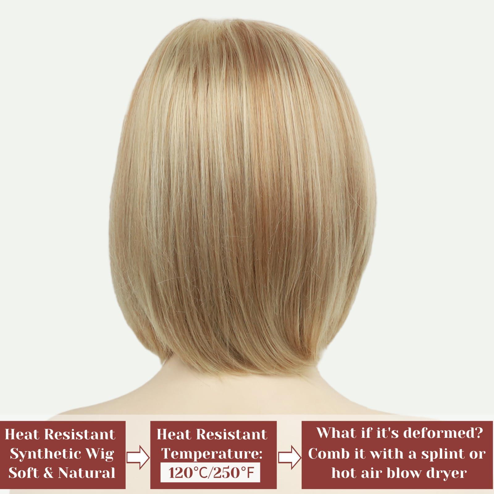 RENERSHOW RENERSHOW Short Blonde Pixie Bob Wig with Bangs Mixed Blonde Wigs for White Women Straight Hair Synthetic Wigs for Daily Party