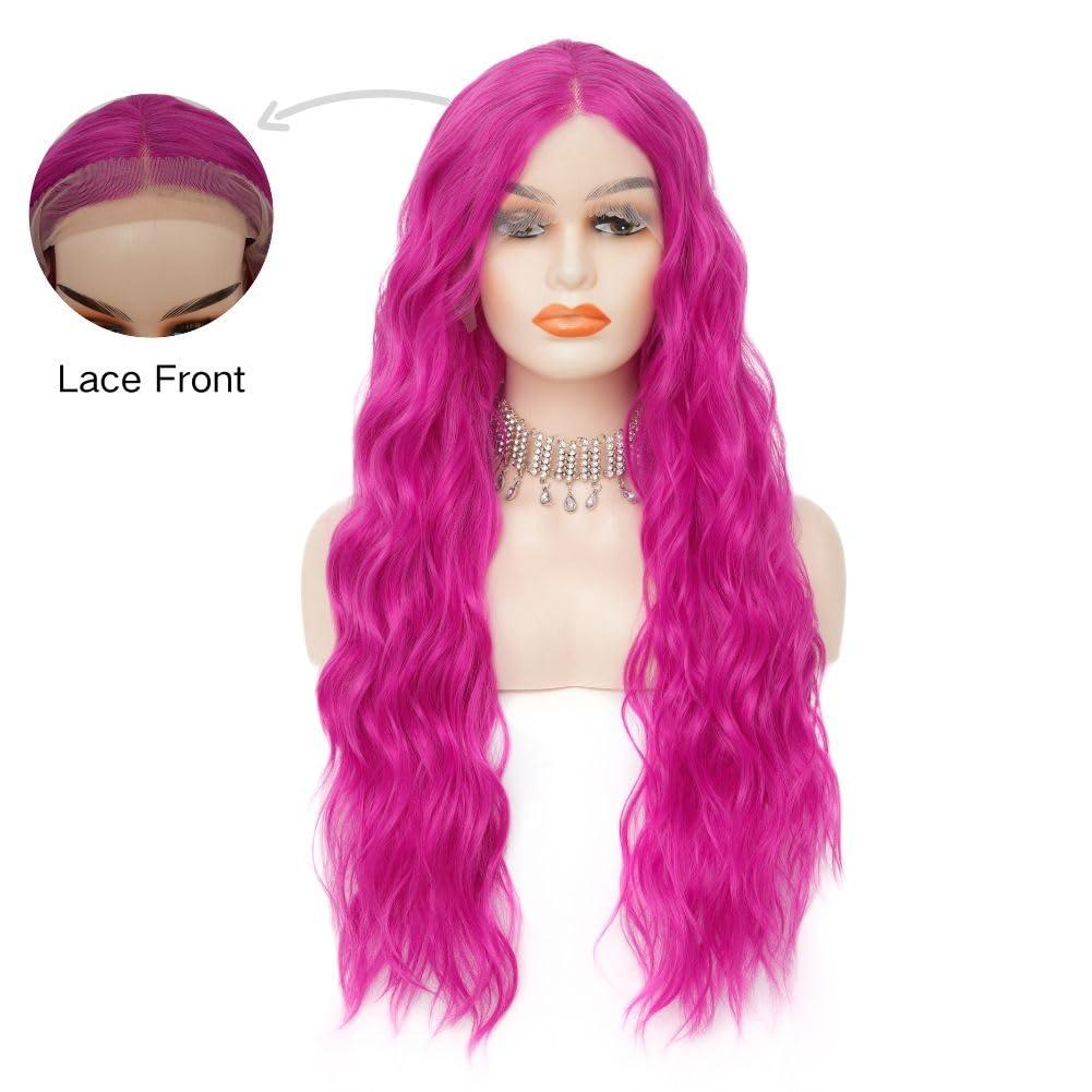 Siudus Siudus Hot Pink Lace Front Wigs for Women Long Curly Wavy Wig Middle Part Synthetic Fibre Halloween Cosplay Wig