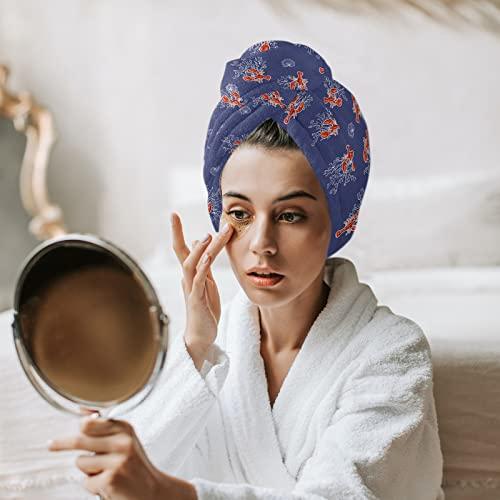 LEOSUCRE Microfiber Hair Towel Wrap Ultra Absorbent Hair Cap Lobster Tiled Hair Towel with Buttons Hair Drying Towel Turban Bath Hair Wrap for Woman 26x10in Ocean Creatures Blue Backdrop
