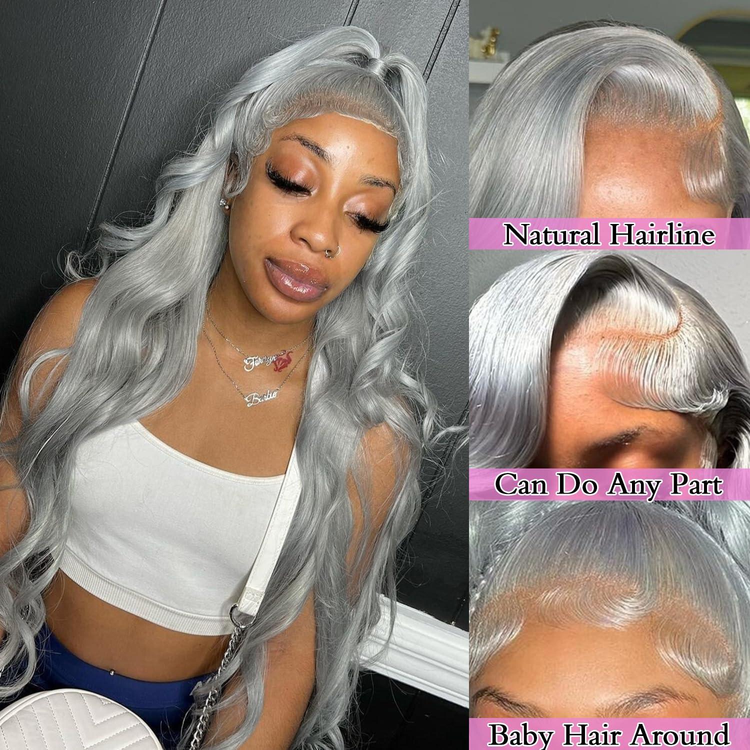 FINMOO FINMOO Grey Silver Lace Front Wigs Human Hair 200% Density Body Wave 13x4 UHD Transparent Pre Plucked Pre Cut Lace Front Wigs Glueless Wigs 613 Colored Remy Virgin Hair Wigs for Black Women 22 Inch