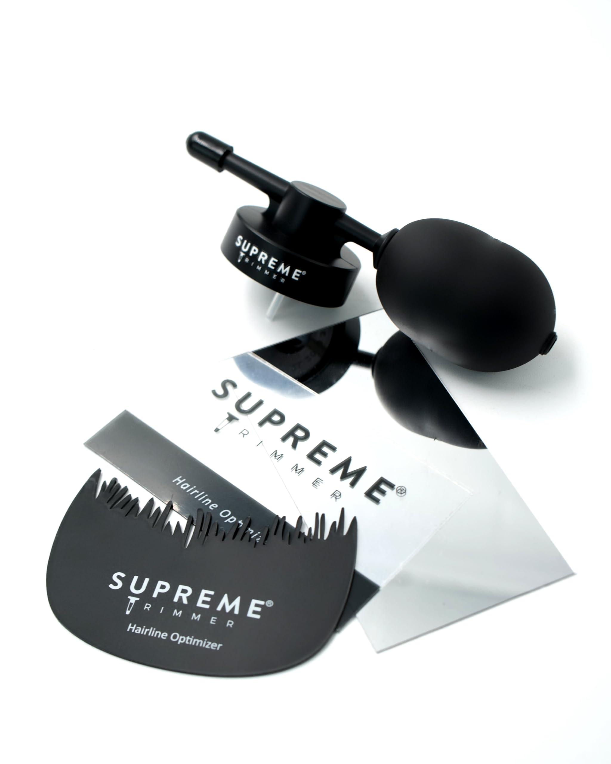 Supreme Trimmer Hair Building Fibers 8-in-1 Kit | includes 25G Keratin Fibers, Pump Nozzle, 2 Hairline Cards, S&L Shaker, Brush, Wipes, Mirror | Conceal Thicken Thinning Balding Hair | Men & Women (Black)