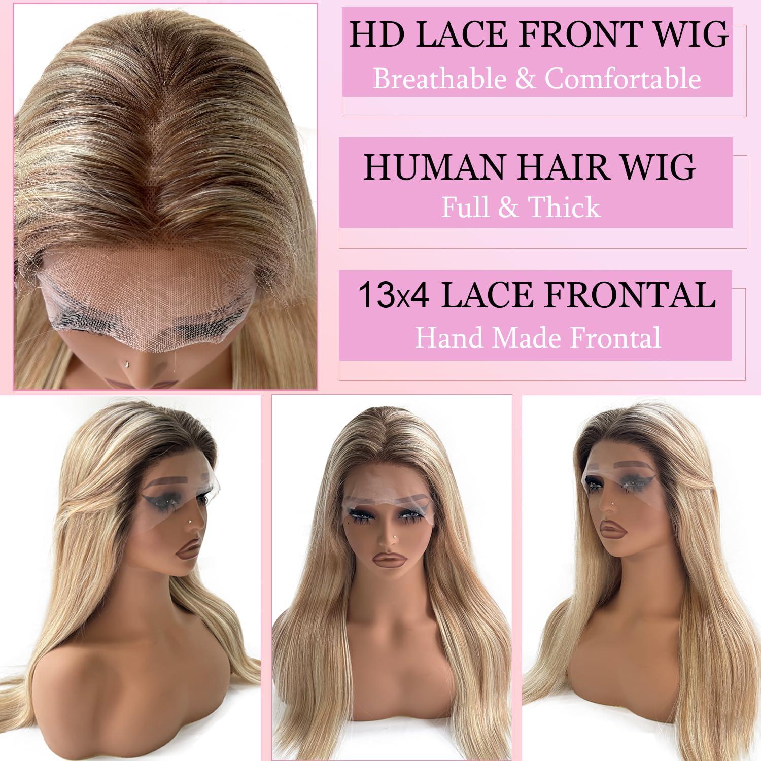 Valiilo Valiilo Blonde Balayage Wig Human Hair 13x4 Lace Front Wig Brown Roots Free Part 24 Inch Golden Brown Mixed 613 Blonde Highlights Human Hair Wig