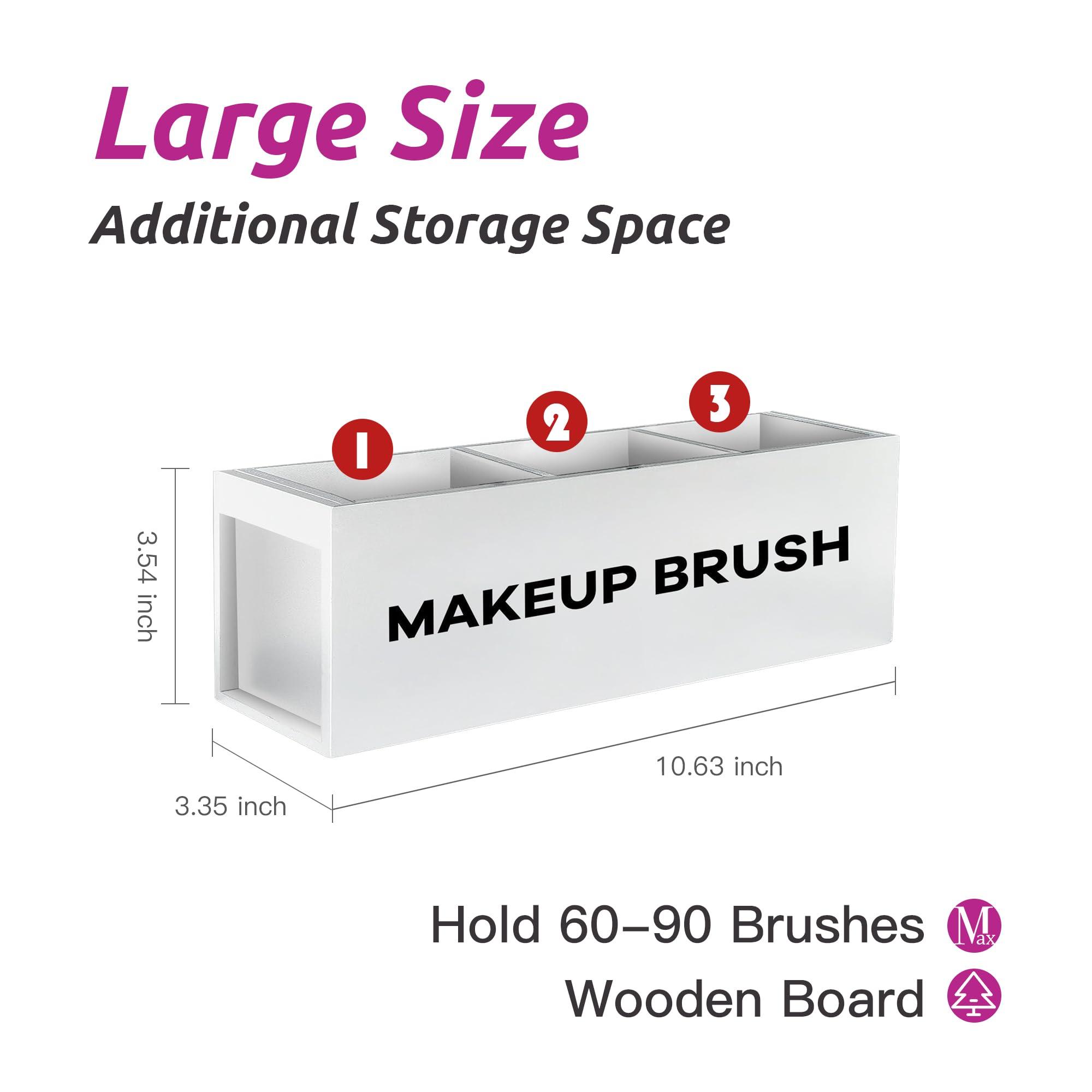 Suli Suli Large Makeup Brush Holder Organizer, Wooden Cosmetic Brushes Storage with 3 Slots, Eyeliners Display Case for Vanity Desktop Bathroom Countertop -White