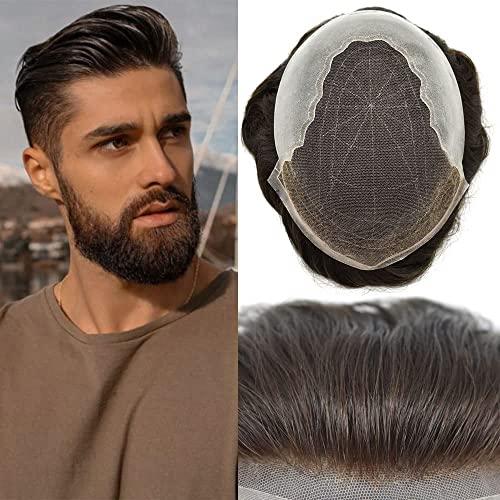 Dr hair Toupee For Men Q6 Lace Front Hair Pieces Unprocessed Virgin Human Hair System For Men Bleached Knots And Natural Hairline Mens Toupee Hair Unit, 7x9, 3.0 Ounce