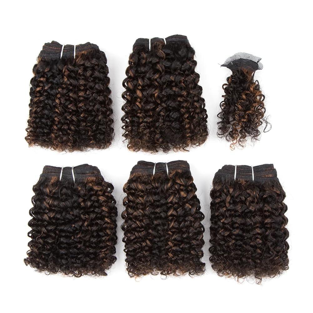 Generic 30# Red Burgundy 99J 5 Bundles Remy Hair Extention Double Drawn Short Indian Kinky Curly Bundles With Clocure P1B30 6inches#5Pcs/Lot
