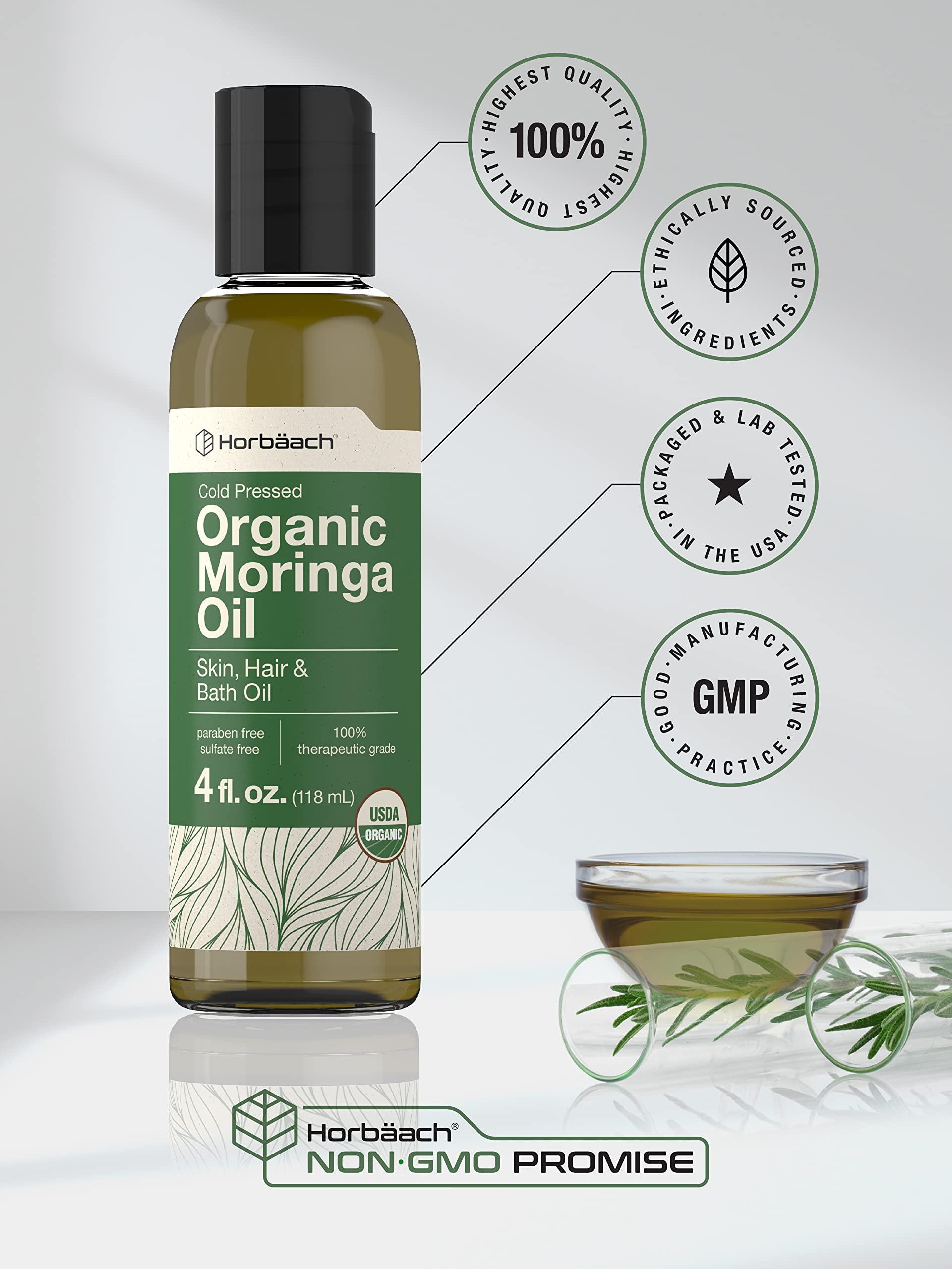 Horbach Horbach Organic Moringa Oil | 4 fl oz | for Face, Hair, and Skin | Cold Pressed | 100% Therapeutic Grade | Paraben and Sulfate Free, Non-GMO