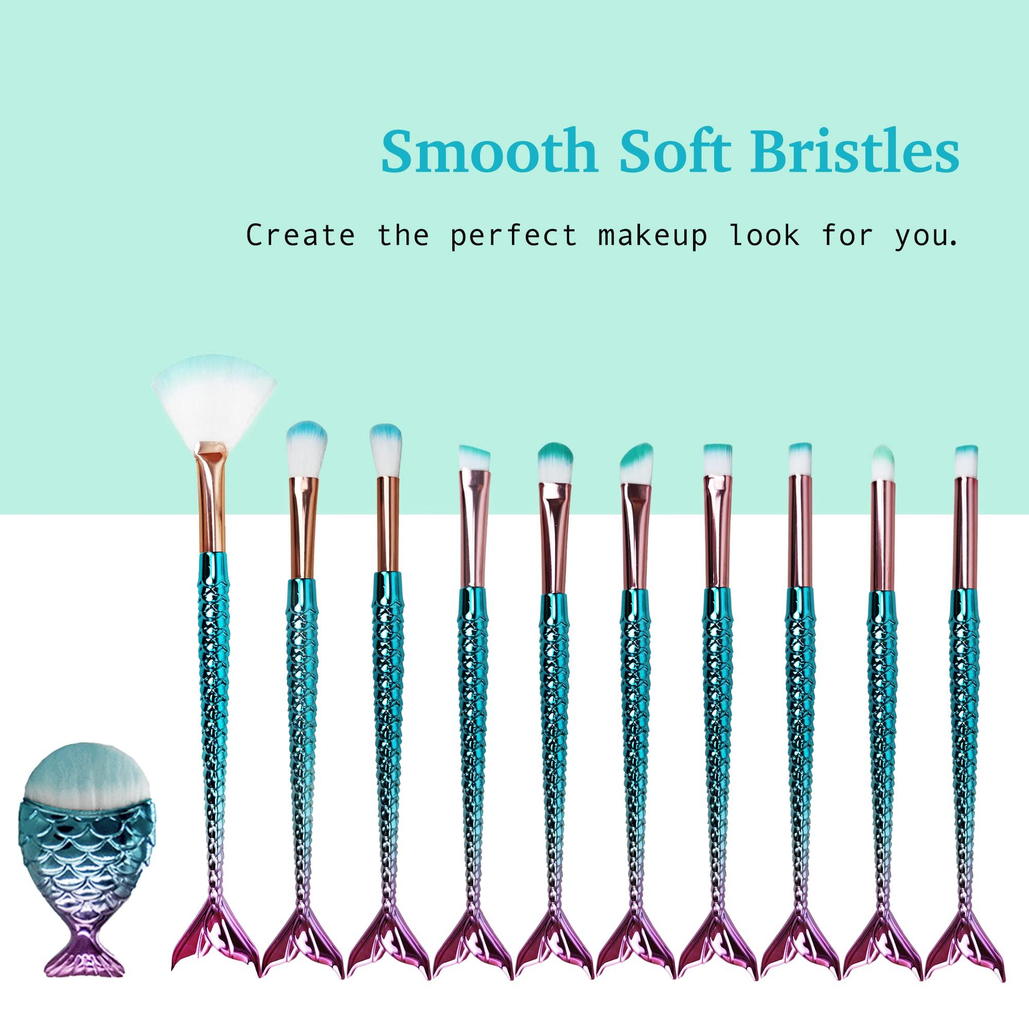 NIZIYI Mermaid Makeup Brushes Sets, Mermaid Makeup Cosmetic Brush Set Soft Nylon Bristles Beauty Brushes Kit Foundation Powder Cream Eyebrow Eyeliner Blush Cosmetic Concealer Brush with Bag