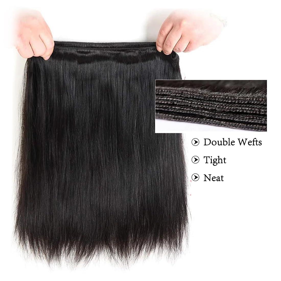 Elluipoey Straight Bundles Human Hair 3 Bundles Double Weft 12A Brazilian Weave Straight Hair Bundles 10 12 14 Inch