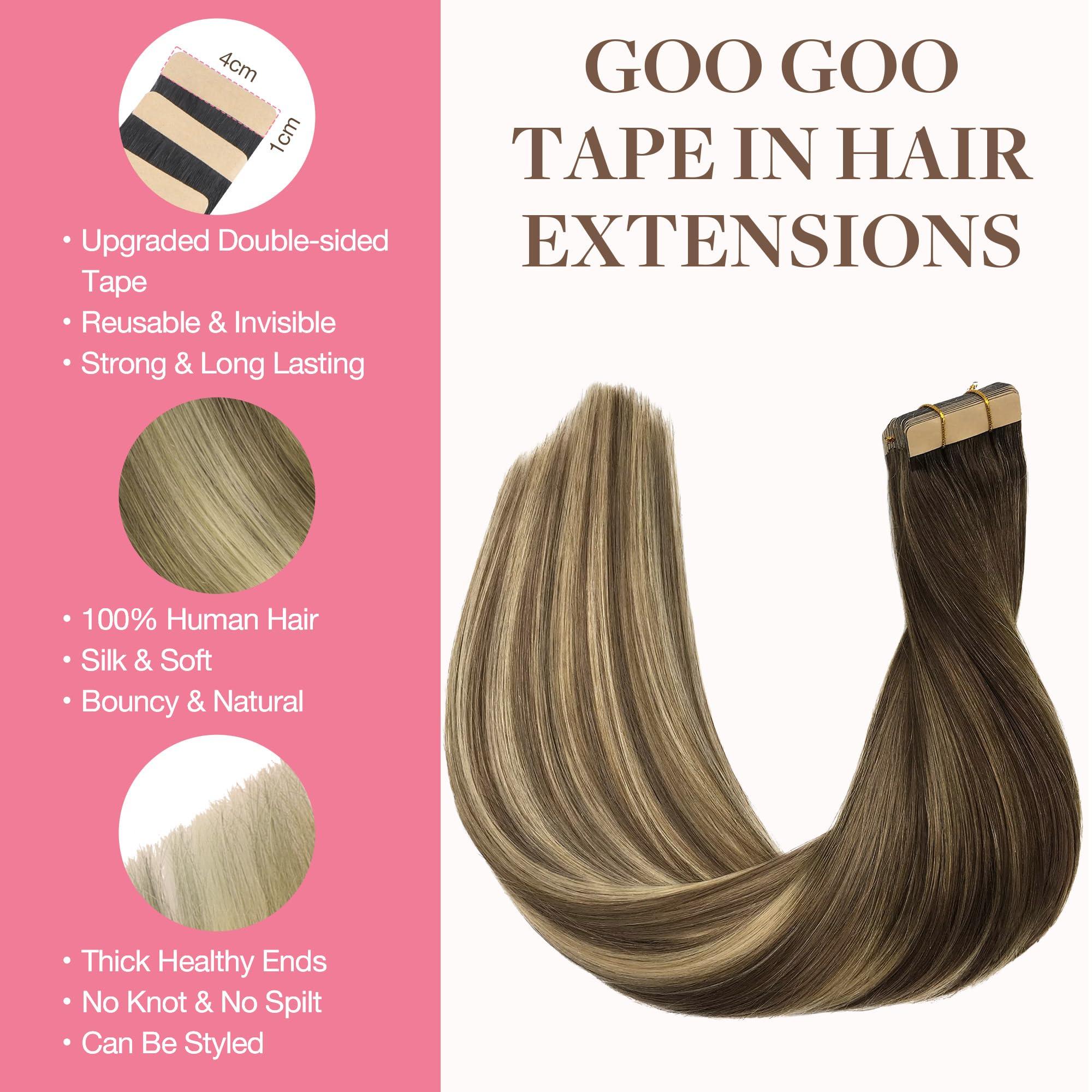 GOO GOO GOO GOO Tape in Hair Extensions Human Hair, 3/8/613 Balayage Walnut Brown to Ash Brown and Bleach Blonde, 16inch 50g 20pcs, Thick Ends Straight Seamless, Invisible Tape in Hair Extensions Human Hair