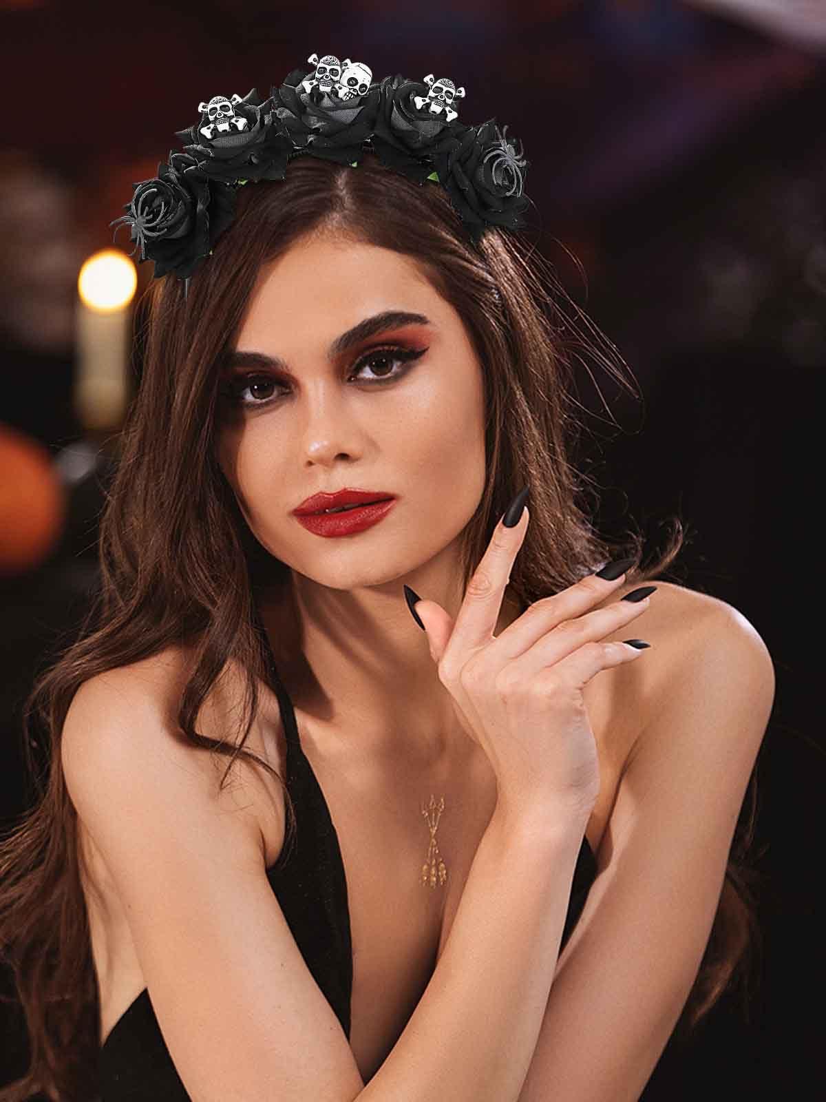 Woeoe Woeoe Halloween Skull Headband Black Rose Flower Costume Day of the Dead Headpiece Spider Mexican Floral Crown for Women and Girls