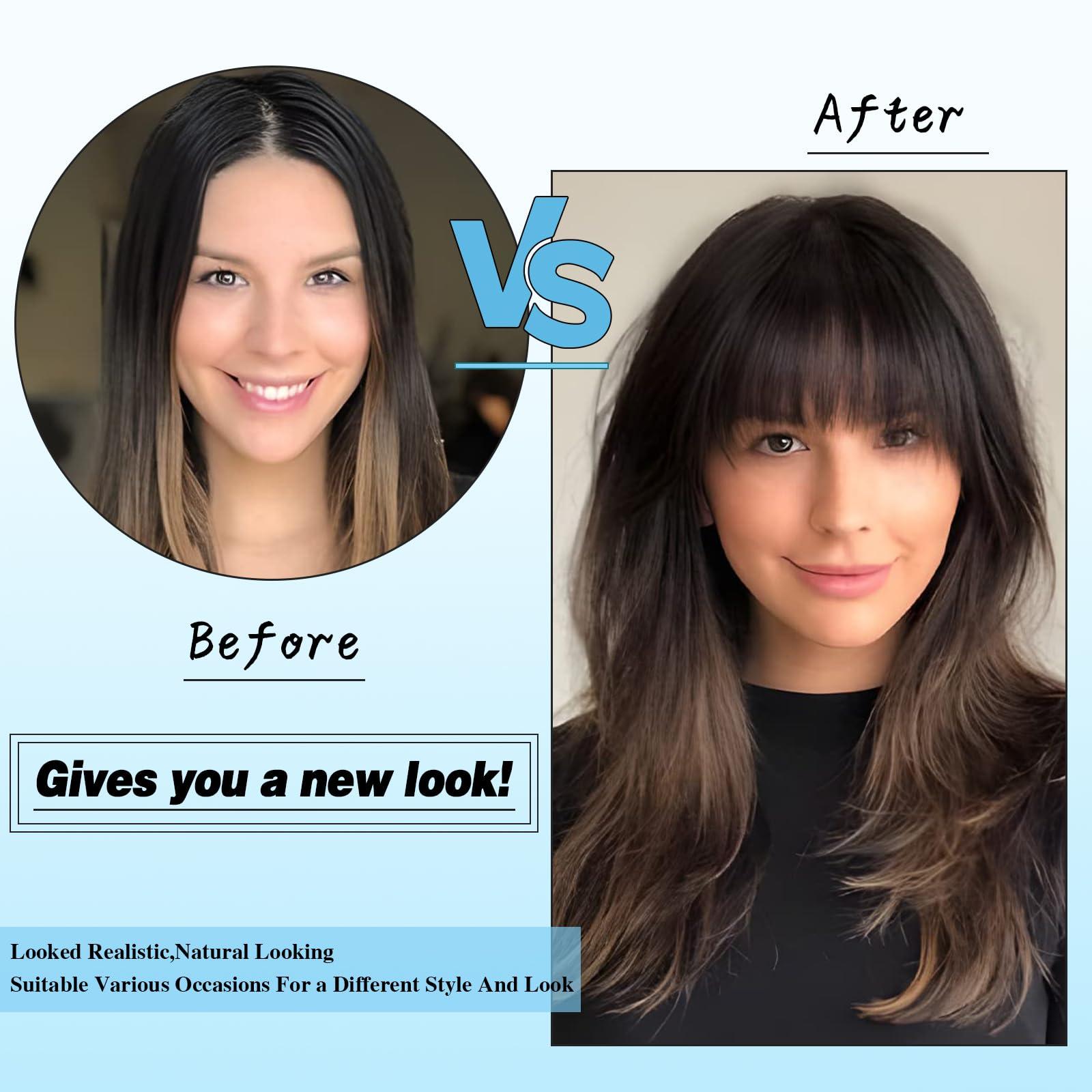 Berracy Berracy Bangs Hair Clip in Bangs 100% Real Human Hair Extensions Fake Thin French Bangs Fringe with Temples Curtain Flat Neat Front Thick Hairpieces for Women Kids Daily Wear Medium Brown