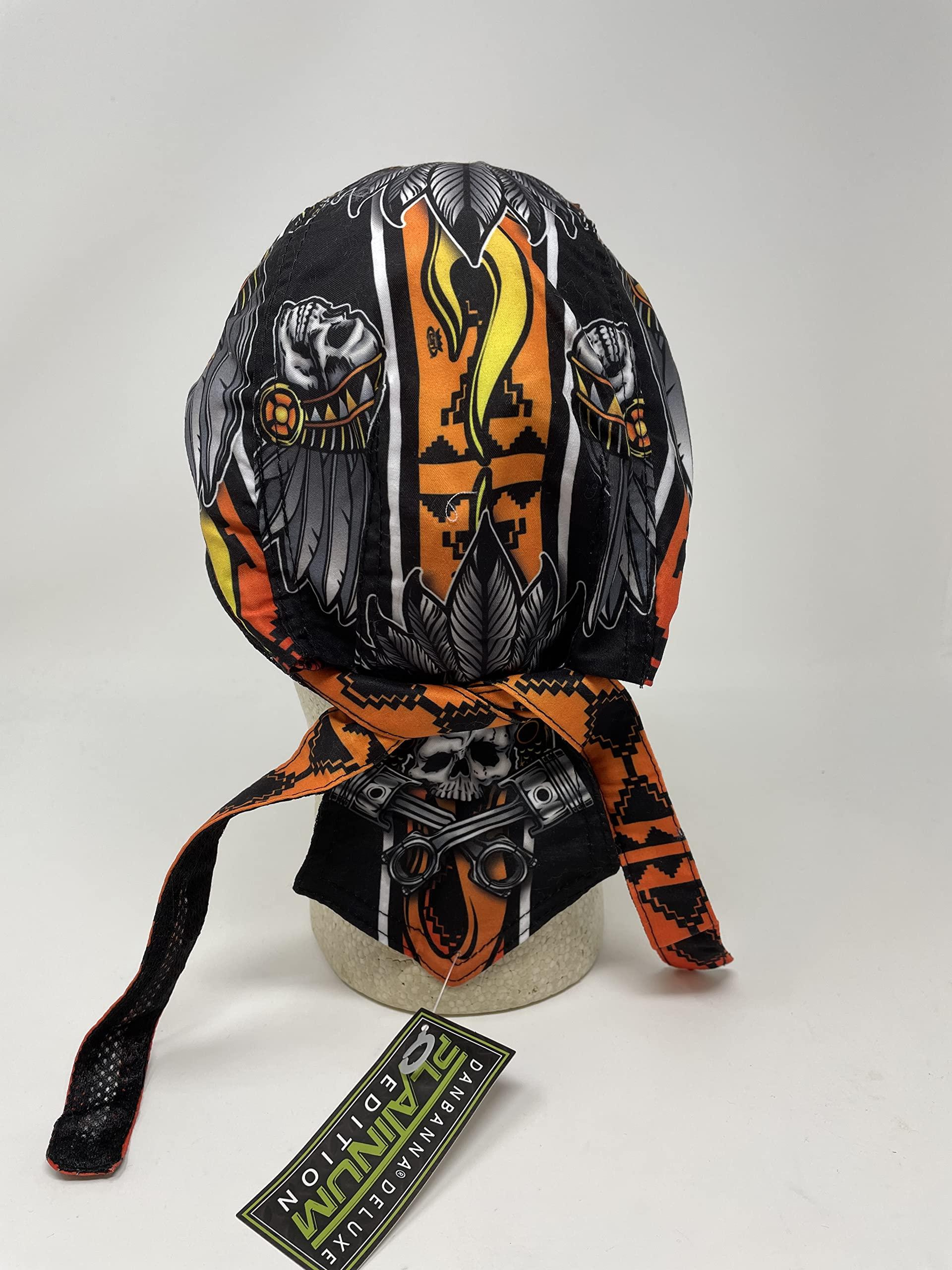Capsmith Platinum Biker Doo Rag Durag Headwrap Black Orange Yellow Native American Indian Chief Feathers Headdress Sweatband