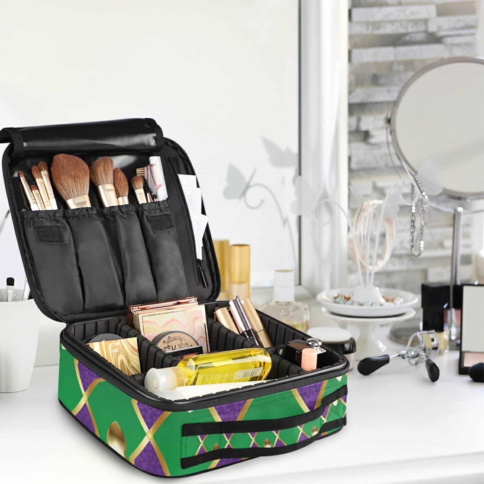 Poeticcity Mardi Gras Gold Fleur De Lis on Purple and Green Rhombus Large Women Makeup Bag, Train Toiletry Storage Case, Portable Coin Purse Holder Zipper Pouch Travel Cosmetic Organizer for Women and Girls