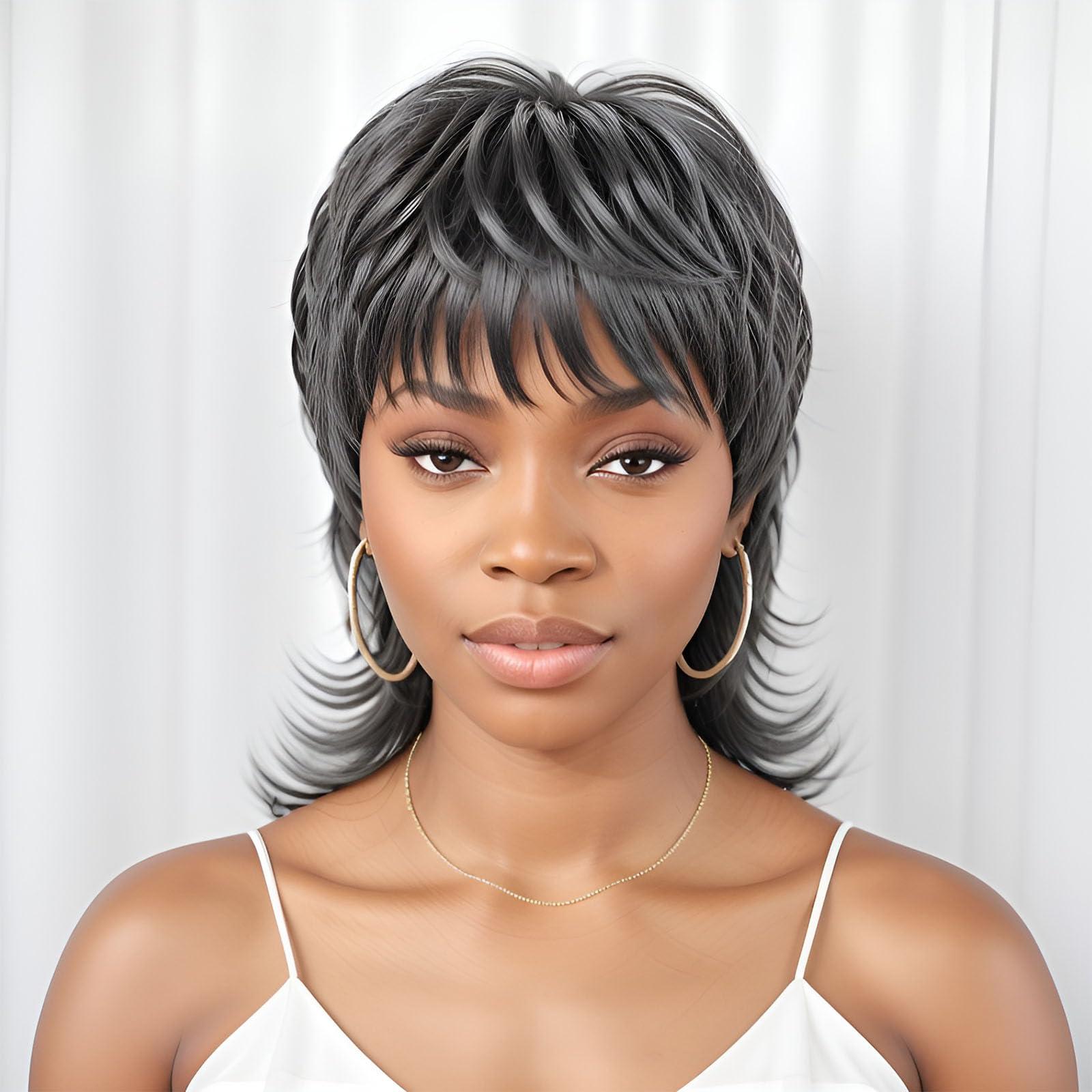 HANASCC HANASCC 12\" Salt and Pepper Wigs for Women 70s 80s 90s Shaggy Layered Mullet Human Hair Wig with Bangs Glueless Grey Human Hair Wig for Women Curly Short Pixie Cut Wig Full Machine Gray Human Hair Wig