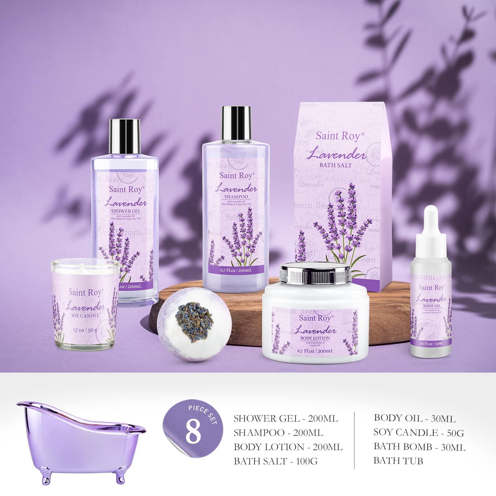 Saint Roy spa set Gifts for Her Spa Gift Baskets for Women - Saint Roy Lavender Gifts for Women, Bath Set with Shower Gel, Shampoo, Home Spa Kit Gifts for Her, Christmas, Mothers Day