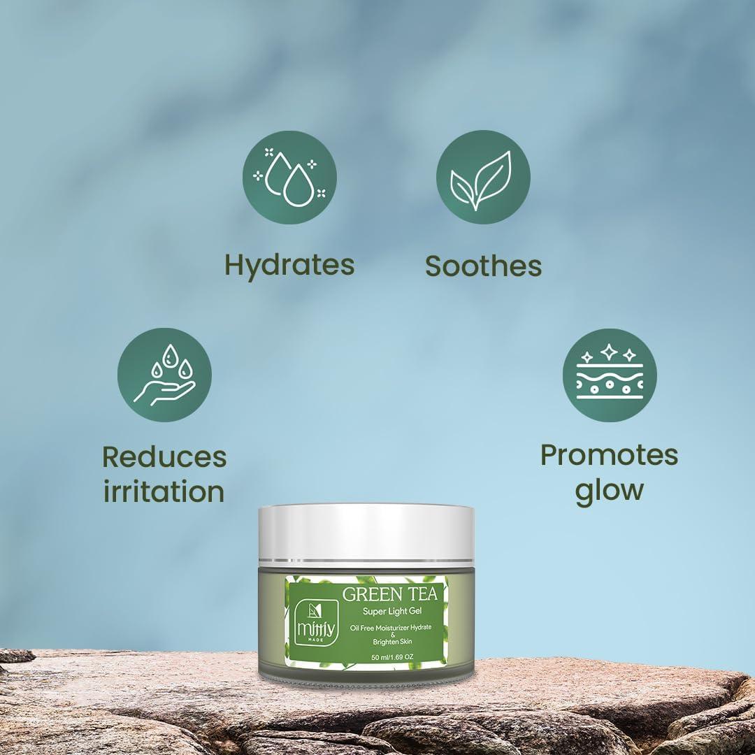 NinthAvenue Basics Green Tea Super Light Gel Moisturizer for Face 50ML, Moisturiser for Oily Skin, Quick Absorbing & Non Sticky Hydrating Gel Moisturizer Cream