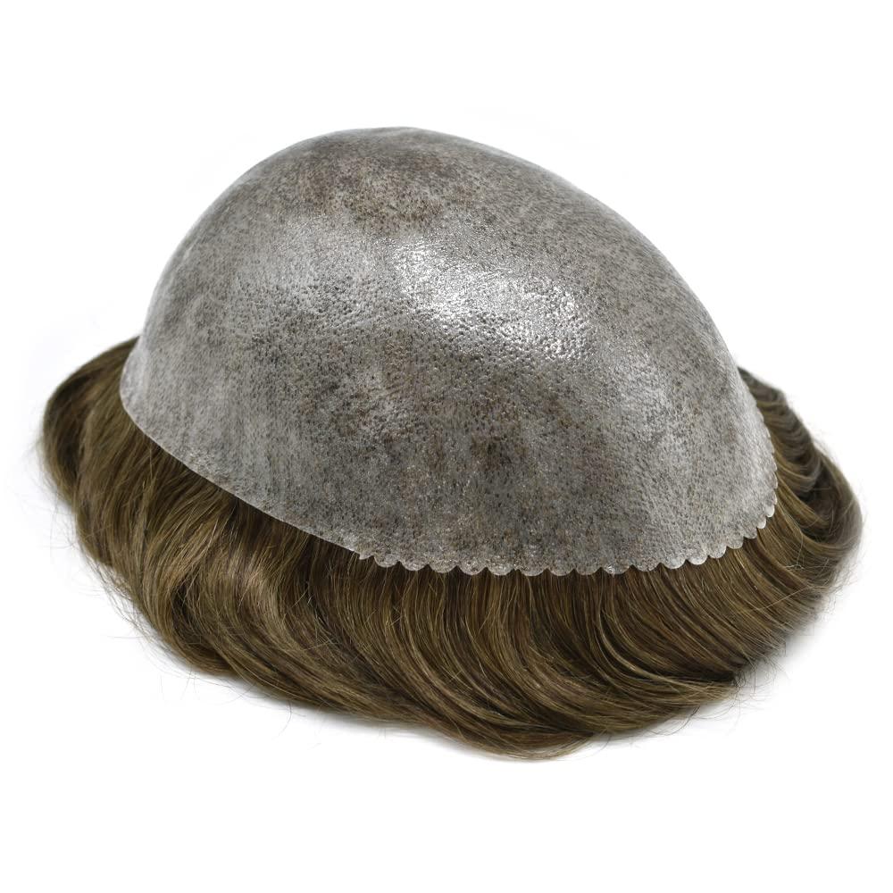 FANCY HAIR Hair System For Men Toupee Human Hair Replacement All Poly Mens Hair Piece 0.1mm Skin PU Hairpieces For Man Hair Unit Grey Brown Black Patch Wigs (7\"X9\", 7 VERY LIGHT BROWN)