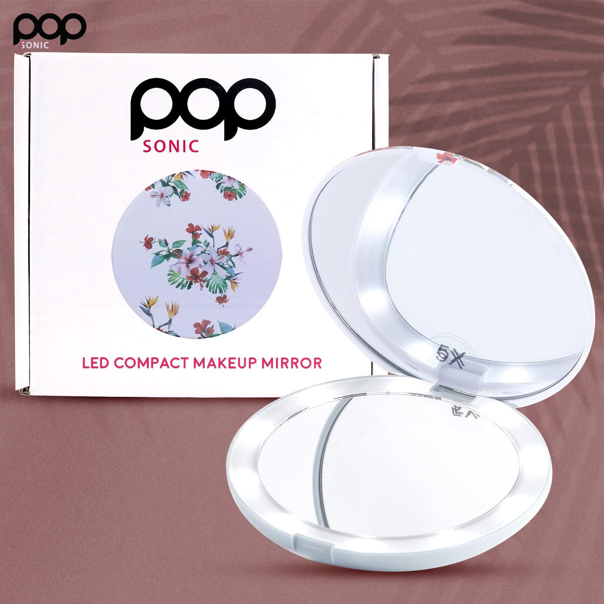 Pop Sonic LED Compact Mirror - White Floral | Portable Makeup Mirror - 5" Foldable - 1X & 5X Lighted Magnifying Mirror