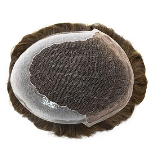 Just Hair Toupee for Men Hair Replacement Systems Swiss Lace Front Mens Toupee Bleached Knot Natural Human Hair Piece (5# Medium Light Brown, 7x9\"-90% Light Density)