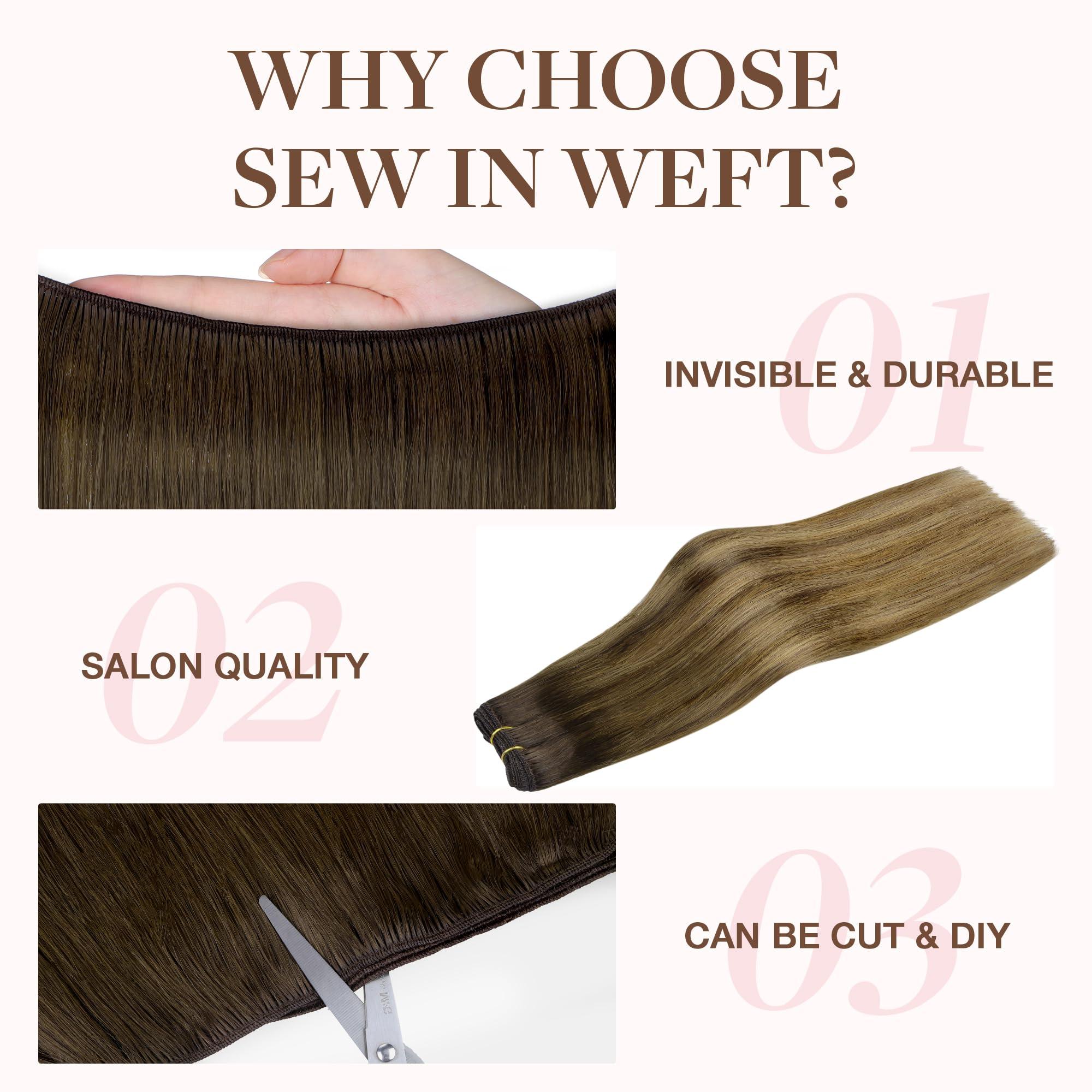 GOO GOO GOO GOO Sew in Hair Extensions Real Human Hair, Weft Hair Extensions Human Hair, 4D/14/5B Brunette Balayage 16inch 100g, Weft Bundles Straight Silky Remy Hair