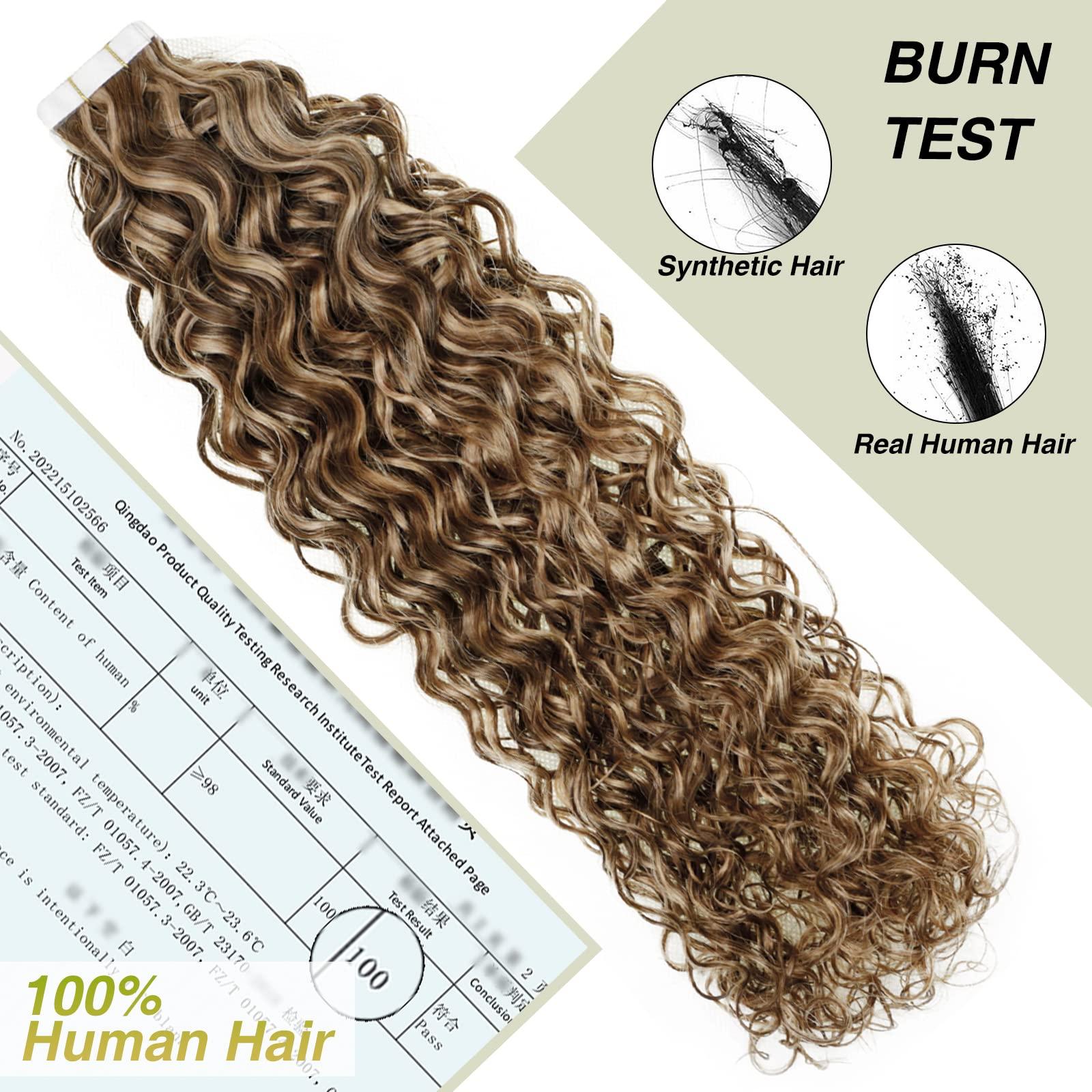 Easyouth Curly Tape in Hair Extensions Blonde Highlights Medium Brown Mixed Honey Blonde Tape on Hair Extension Human Hair Natural Curly Hair Extensions Tape ins for Women 14Inch 50g 20Pcs