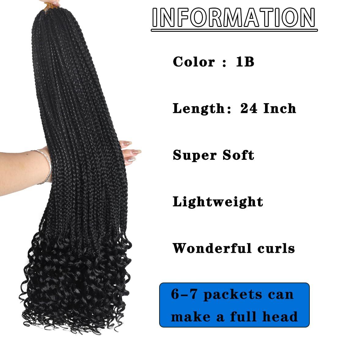DDvation 24 Inch Crochet Box Braids Hair with Curly Ends Pre looped Goddess Box Braids Crochet Hair Box Braids Braiding Hair Crochet Braids Hair for Women(24 inch,1B)