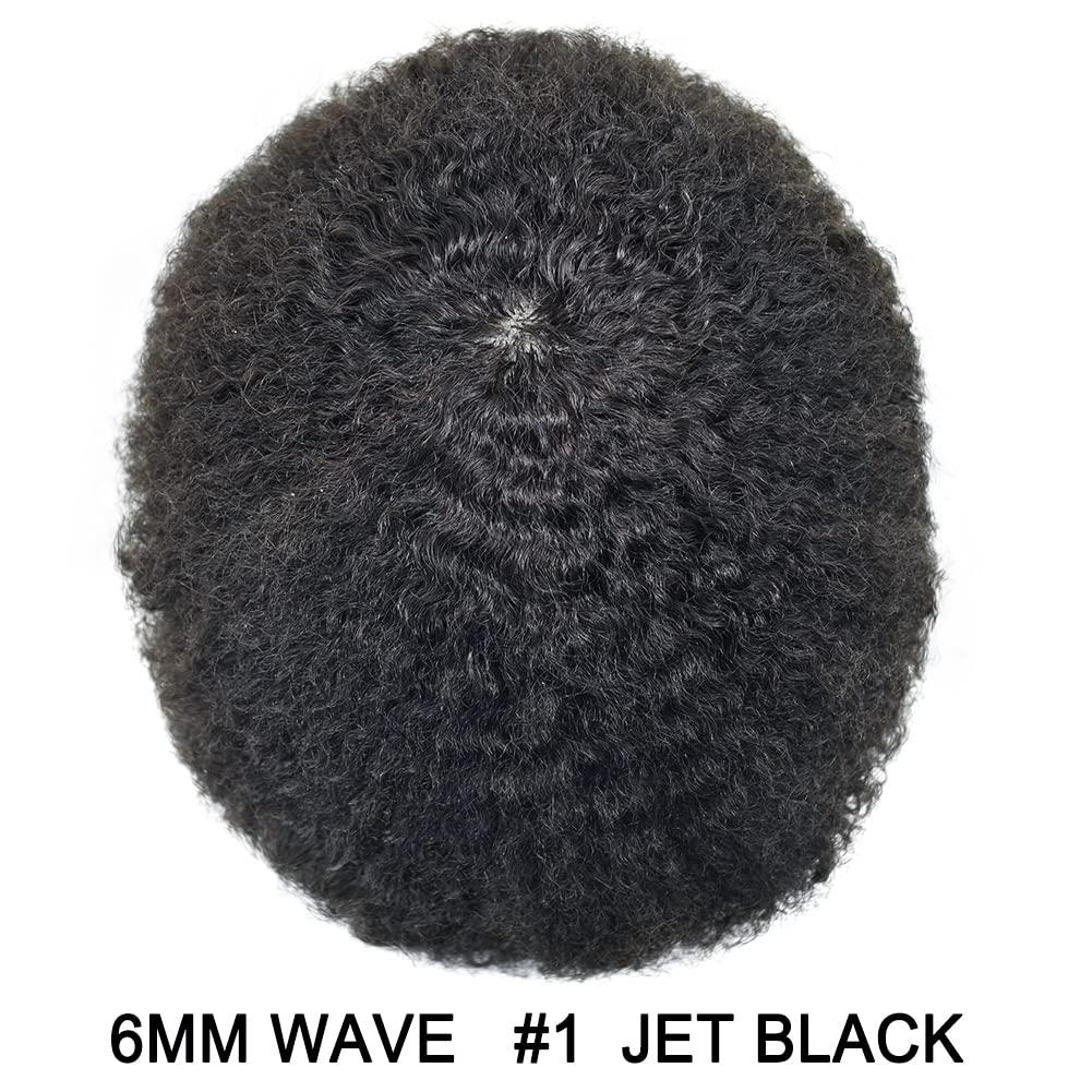 FANCY HAIR Afro Coily Curly Black Men Toupee Full Durable PU razilian Human Hair Black Men Hair Prosthesis African American6MM AFRO WAVY 8X10\"-120% density#1 Jet Black