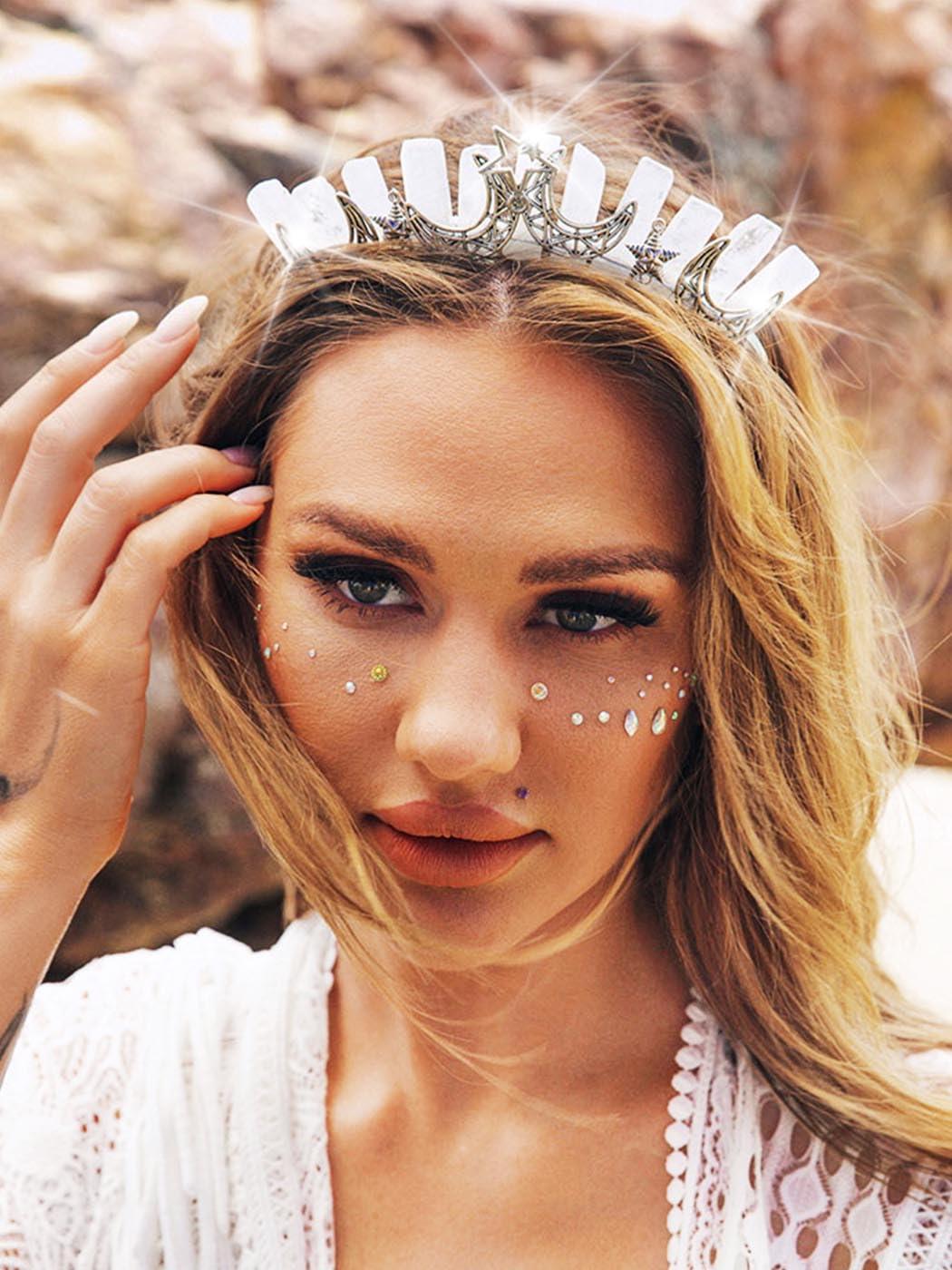Formery Formery Star White Quartz Headband Silver Crescent Moon Natural Stone Crown Hairband Halloween Cosplay Wedding Crystal Tiara Headpiece for Women